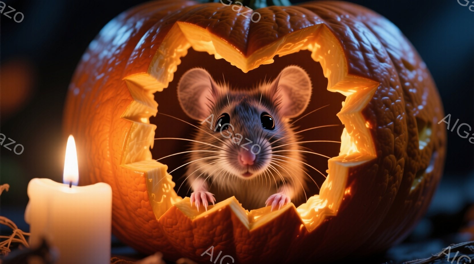 オレンジ色のジャック・オー・ランタンから、かわいらしい茶色のネズミが顔を出しています。ネズミは前足で縁を掴み、好奇心と少しの戸惑いが入り混じった表情でカメラを見ています。暗い背景には、ろうそくの光とハ - AI生成フリー素材
