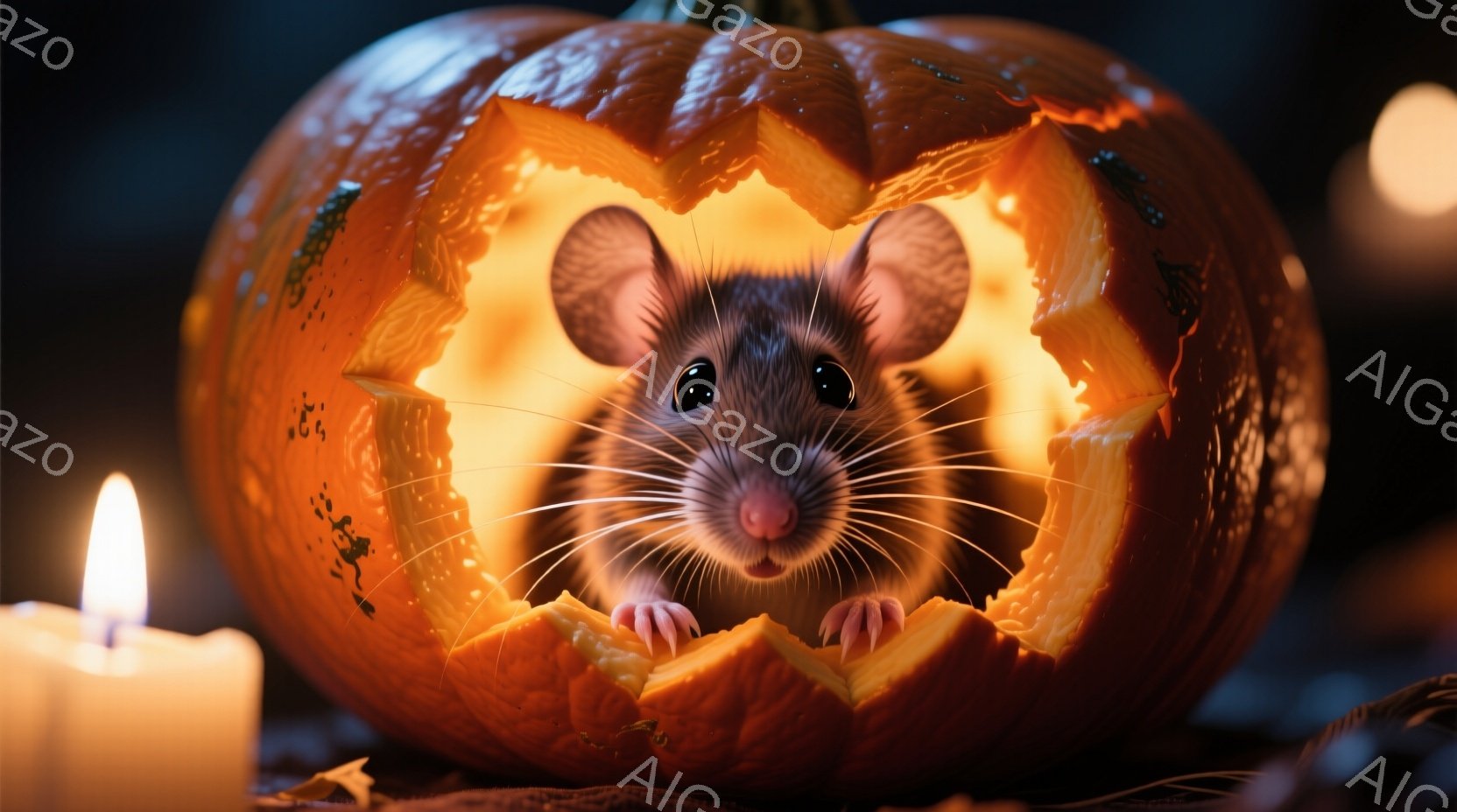 切り開かれたオレンジ色のカボチャの中に、小さな茶色のネズミが座っています。ネズミは前足でカボチャの縁に手をかけ、好奇心と少しの警戒心がある表情で正面を見ています。背景にはぼやけたキャンドルの光と、暗い色の表面が見え、ハロウィーンらしい暖かく神秘的な雰囲気を醸し出しています。