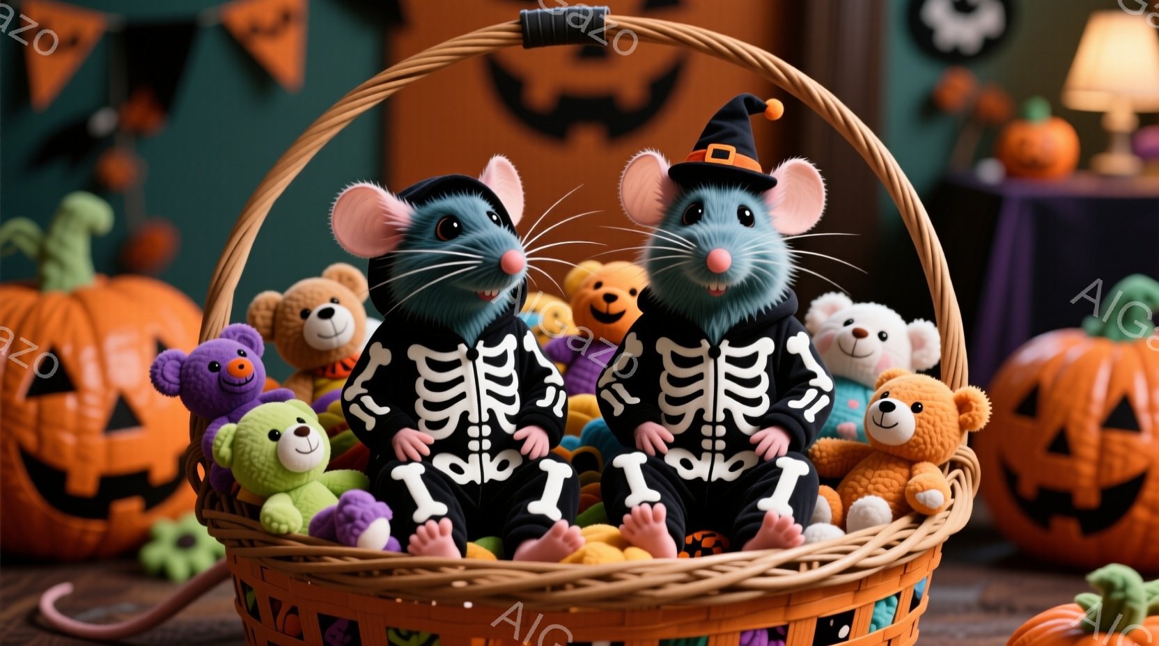 籠の中に、ハロウィーンの衣装を着た二匹のねずみが座っています。彼らは黒い骸骨模様の服と魔女帽子をかぶり、いたずらっぽい表情をしています。背景には、ジャック・オ・ランタンや様々な色のテディベアが並び、ハロウィーンの楽しい雰囲気を醸し出しています。