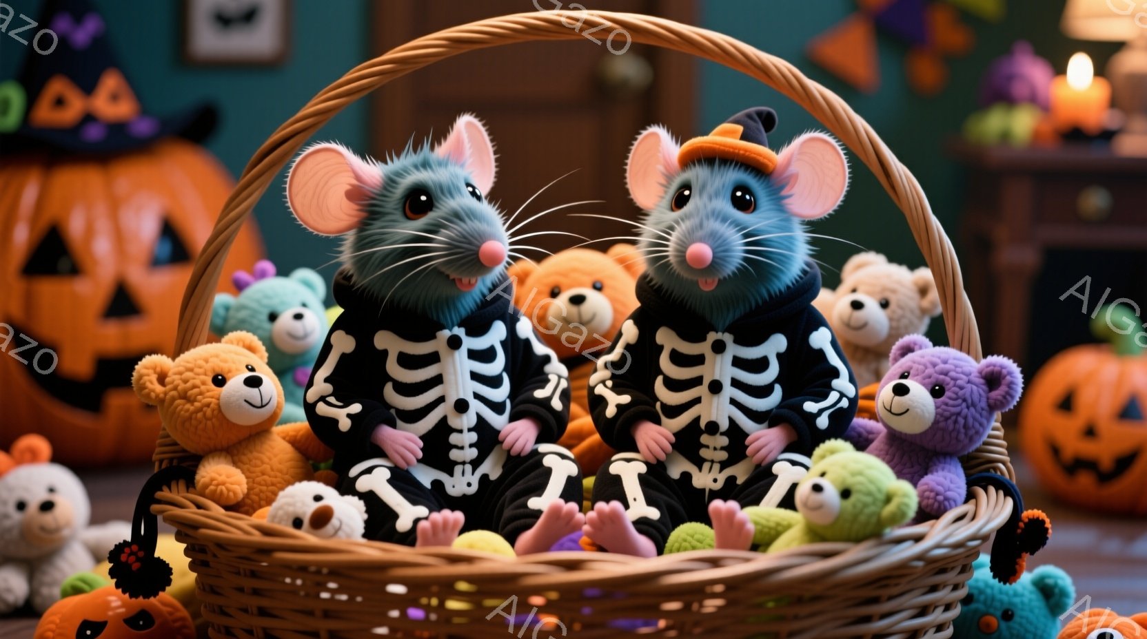 かごの中に、ハロウィーンの衣装を着た2匹のねずみが座っています。彼らは骨格の模様が入った黒い衣装を着ており、片方はオレンジ色の帽子をかぶっています。かごの中には、様々な色のテディベアが周りを取り囲み、背景にはハロウィーンの装飾が施された部屋がぼんやりと見えます。