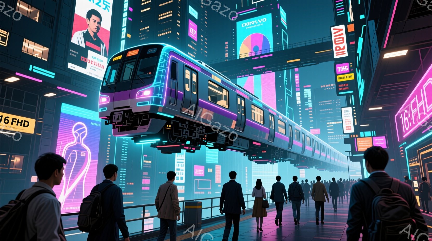 未来的な都市のプラットフォームに人々が立っている様子が描かれています。人々はビジネススーツを着ており、後ろ姿のみが見えるため表情は読み取れませんが、足取りは軽く、どこか急いでいるような印象を与えます。 - AI生成フリー素材