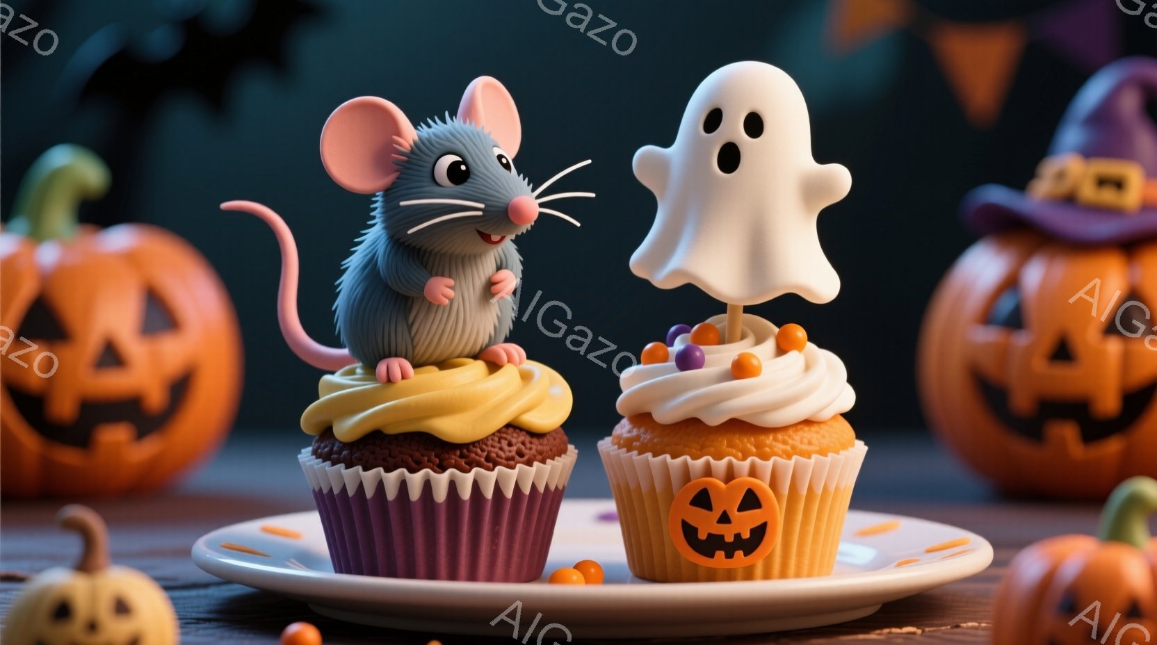 白いお皿の上に、カラフルなアイシングを塗られたカップケーキが2つ置かれています。灰色のねずみがチョコレート色のカップケーキの上に座り、白いお化けがオレンジ色のカップケーキに寄りかかっています。背景には - AI生成フリー素材