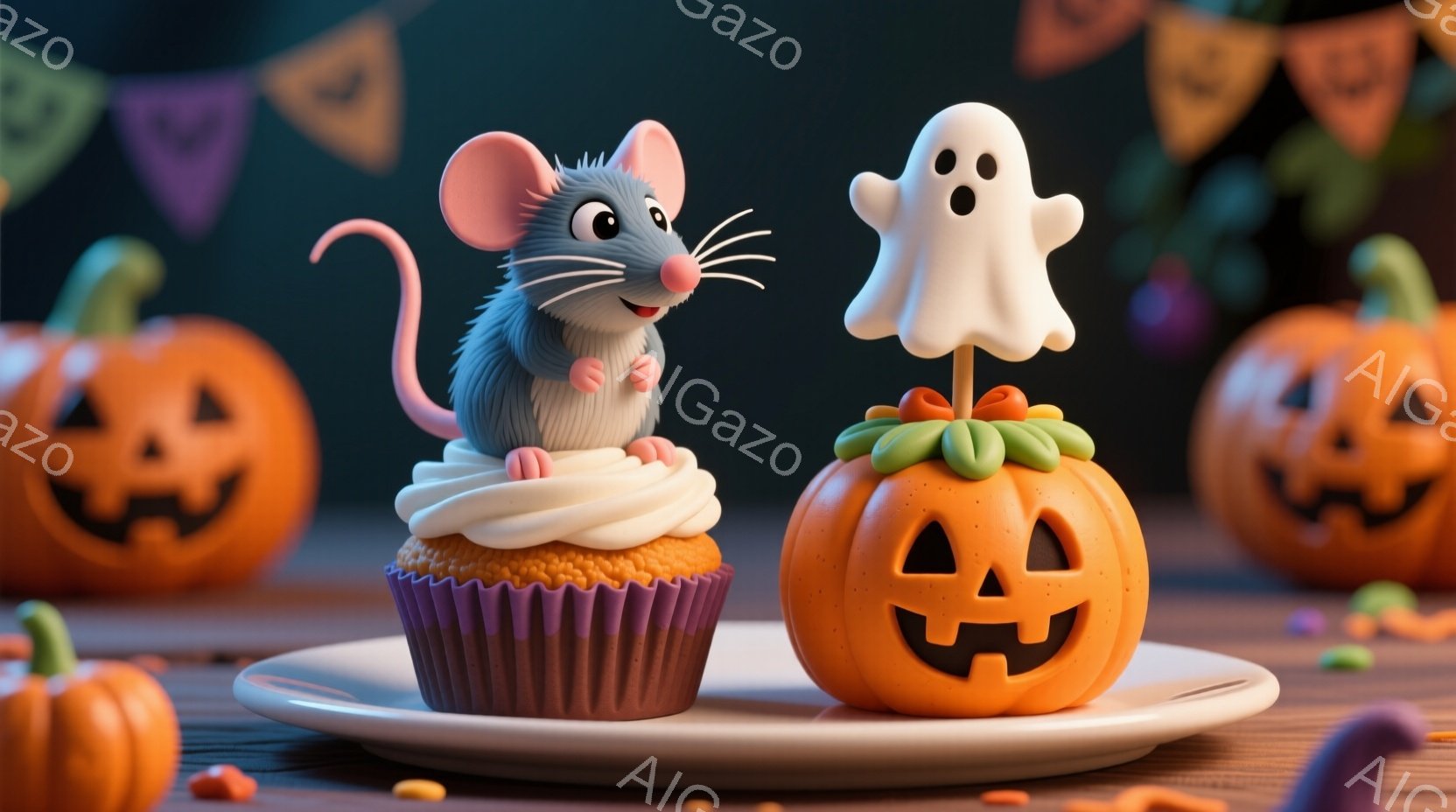 イルースタントのハロウィンスターラブコップスティックとペンキンが対面する様子。スターはカクテルデザインの紙コップで運び、彼らはおいしくてリーチャースパイダーのハロウィンを背景に見つめる。愉快な、ある程度スペクトラルが漂う雰囲気で、コップスティックとペンキンはこれ一緒に過ごす週末のような。