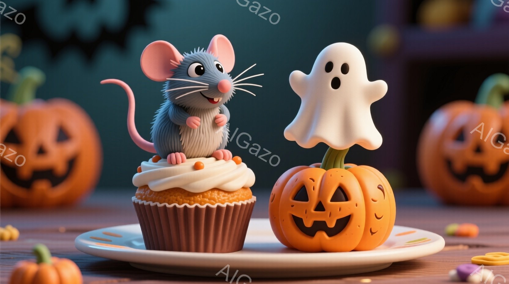チョコレート色のカップケーキの上に、可愛らしい灰色のネズミが立っています。ネズミは赤い縞模様のセーターを着ており、楽しそうな表情をしています。背景にはハロウィーンの飾り付けのパンプキンが並び、お菓子が散りばめられた白い皿の上で、パンプキン型のケーキと幽霊の飾りも配置されています。