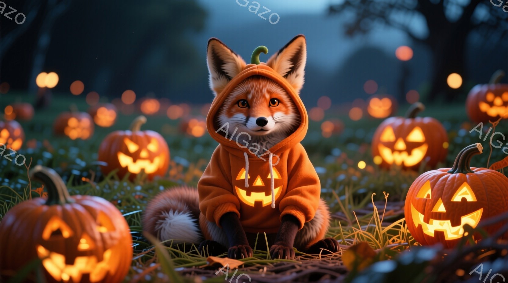 鮮やかなオレンジ色のカボチャのパーカーを着たキツネが、緑の草の上に座っています。周囲には、ジャック・オー・ランタンとして彫刻されたカボチャが並び、ハロウィーンの雰囲気を作り出しています。背景は暗く、ぼ - AI生成フリー素材
