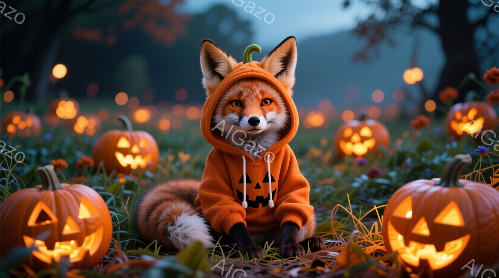 明るいオレンジ色のパーカーを着たキツネが、切り株の上に座っています。パーカーにはハロウィーン風のジャック・オー・ランタンの絵が描かれており、キツネは穏やかな表情でこちらを見ています。背景には、たくさん - AI生成フリー素材