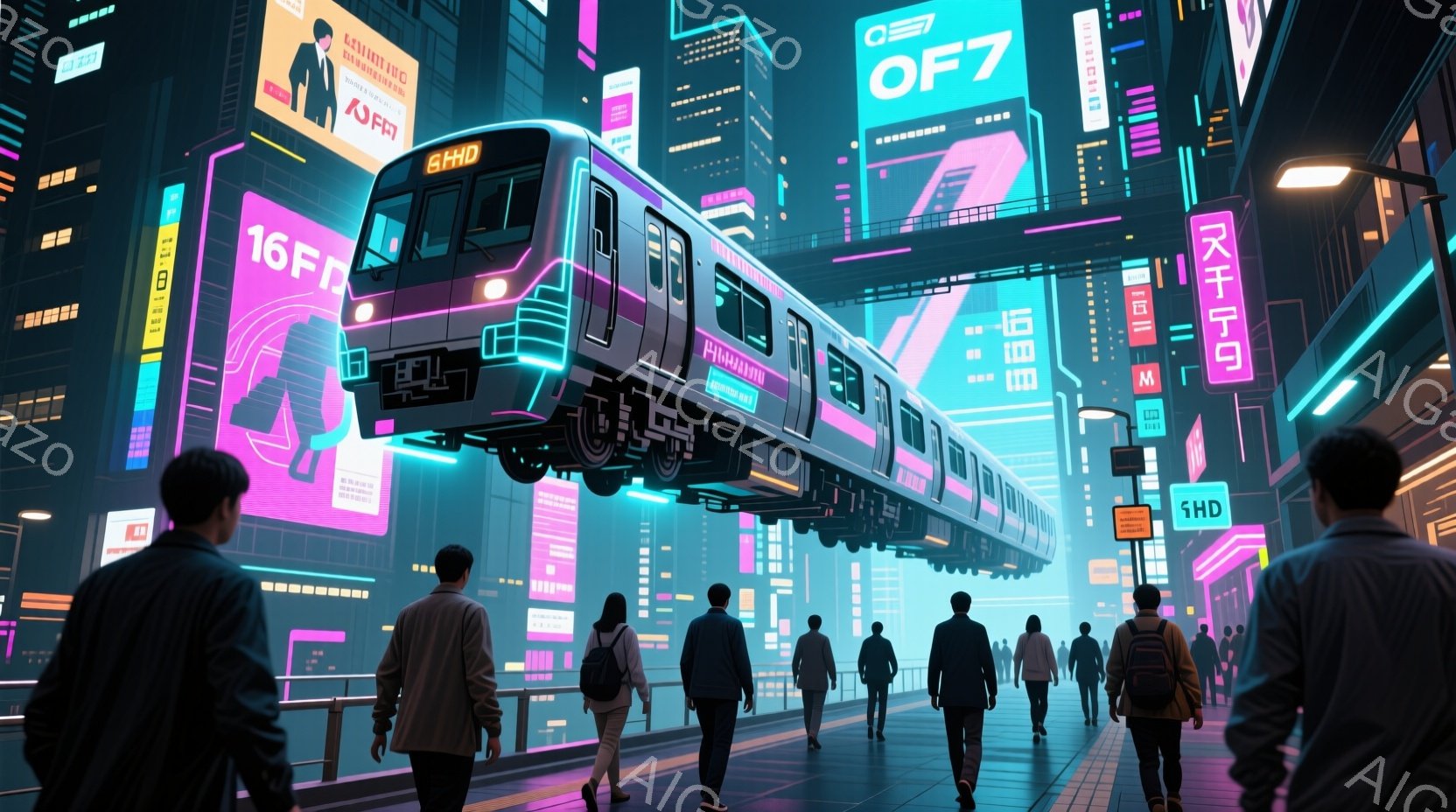 未来都市のプラットフォームに人々が立っている様子が描かれています。人々はビジネススーツを着ており、後ろ姿のため表情は読み取れませんが、歩行速度は穏やかで、日常的な通勤風景を彷彿とさせます。背景にはネオ - AI生成フリー素材