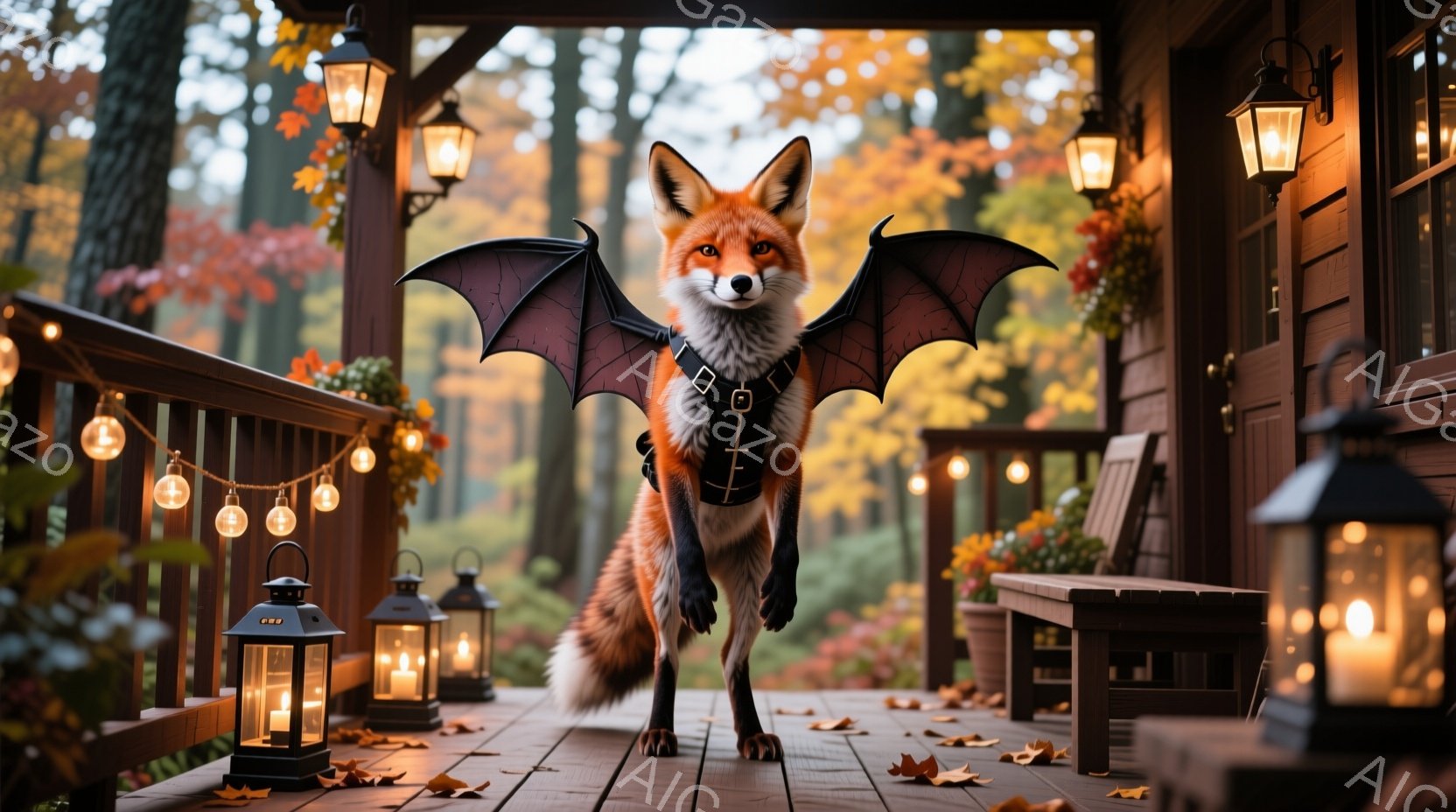 秋色の木々と灯りが温かい木製のデッキに、翼のついたキツネが立っている。黒いハーネスのようなものを身に着け、少しいたずらっぽい表情でこちらを見ている。背景には、鮮やかな紅葉が広がり、デッキにはランタンが - AI生成フリー素材