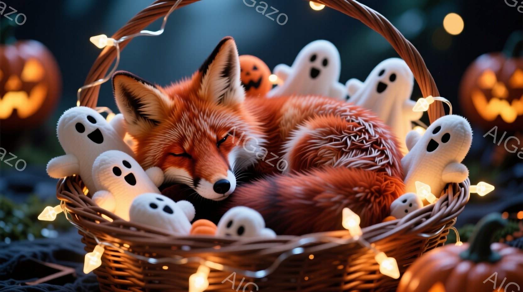 鮮やかなオレンジ色のキツネが、編み込まれたバスケットの中で丸まって眠っています。周りには白いお化けのぬいぐるみたちが取り囲み、バスケットの上には小さなオレンジ色の電飾が飾られています。背景にはぼんやり - AI生成フリー素材