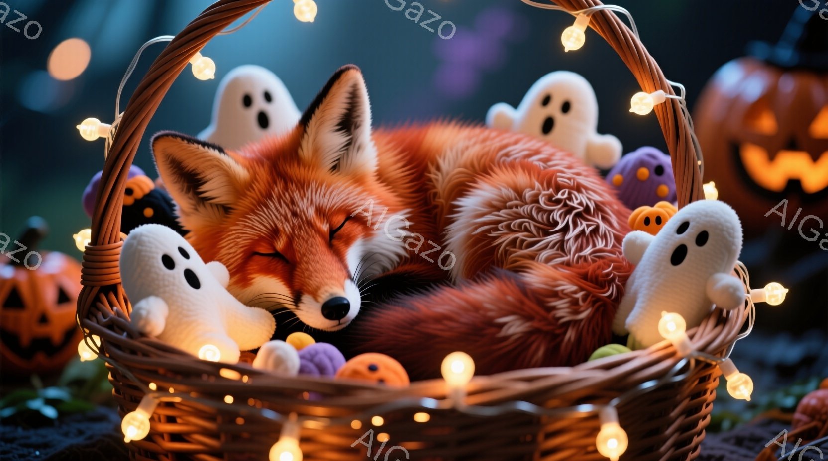オレンジ色の毛並みを持つキツネが、編み込まれたバスケットの中で丸まって眠っています。バスケットの周りにはハロウィーンの装飾であるカボチャのランタンと可愛らしいお化けのぬいぐるみがあり、温かい光が灯って - AI生成フリー素材