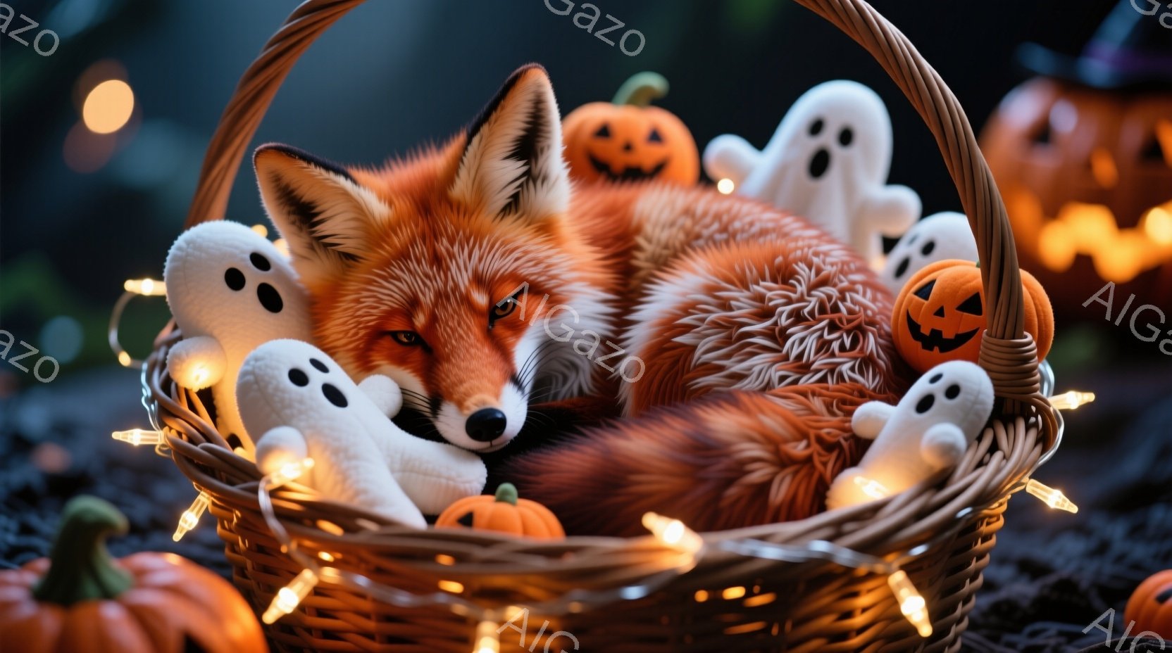温かい光に照らされたバスケットの中に、毛並みの美しいオレンジ色の狐が丸まって眠っています。周りにはハロウィーンの飾りであるカボチャやお化けのぬいぐるみ、そしてキラキラと光る電飾が配置され、幻想的な雰囲 - AI生成フリー素材