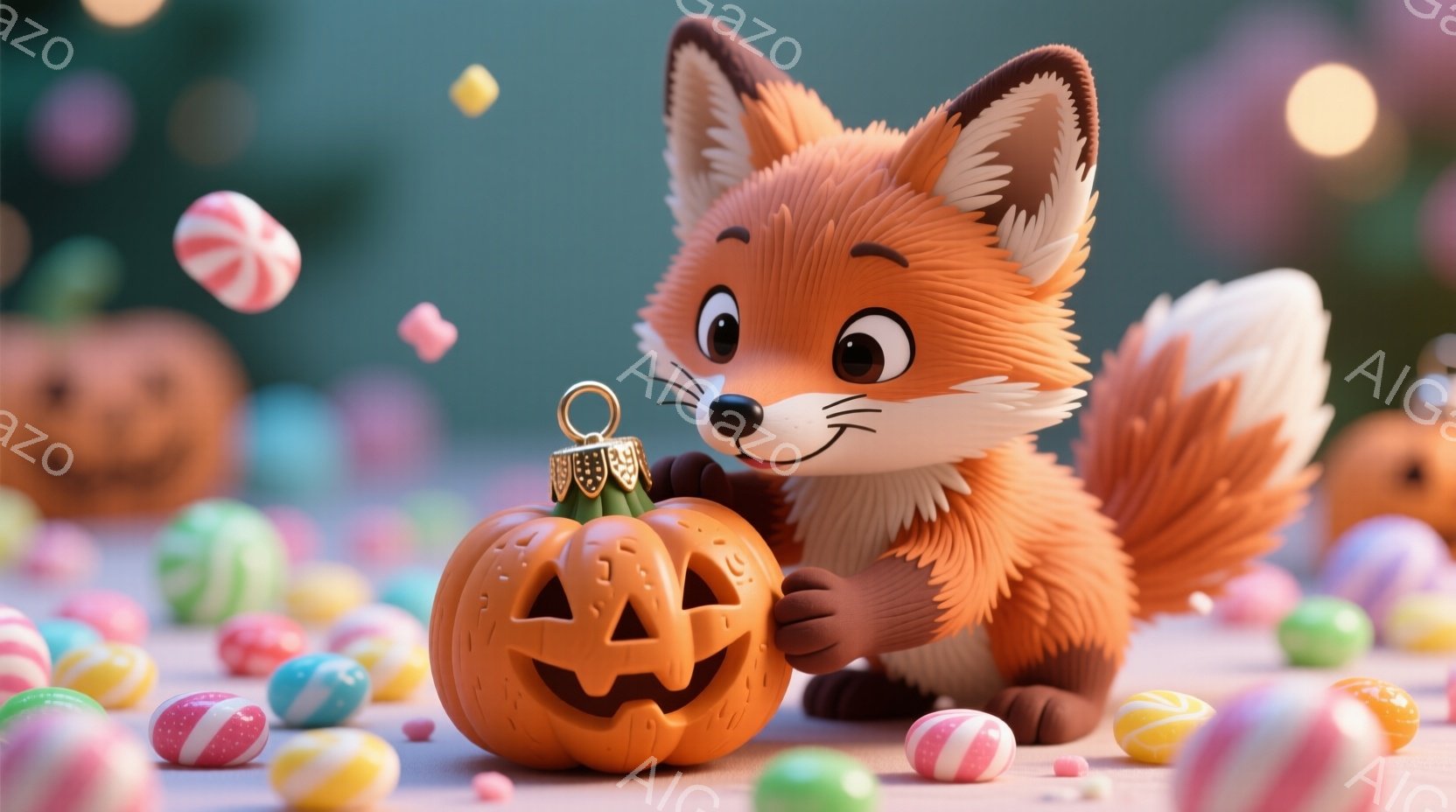 愛らしいオレンジ色のキツネが、ジャック・オー・ランタンを抱きかかえて座っています。キツネは大きく丸い目と微笑みを浮かべ、周囲にはキャンディが散らばっています。背景にはぼやけたハロウィーンの飾りがあり、 - AI生成フリー素材