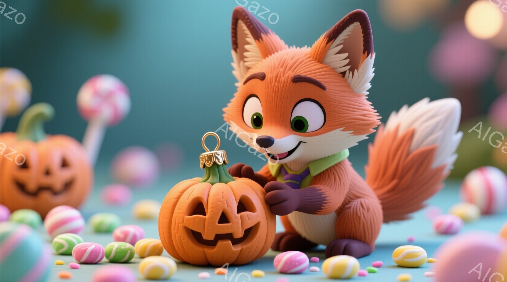 オレンジ色のキツネが、ハロウィーンのランタンであるカボチャの前にひざまずいています。キツネは紫色のベストを着ており、満面の笑みを浮かべています。背景にはカラフルなキャンディーと、ぼやけたハロウィーンの - AI生成フリー素材