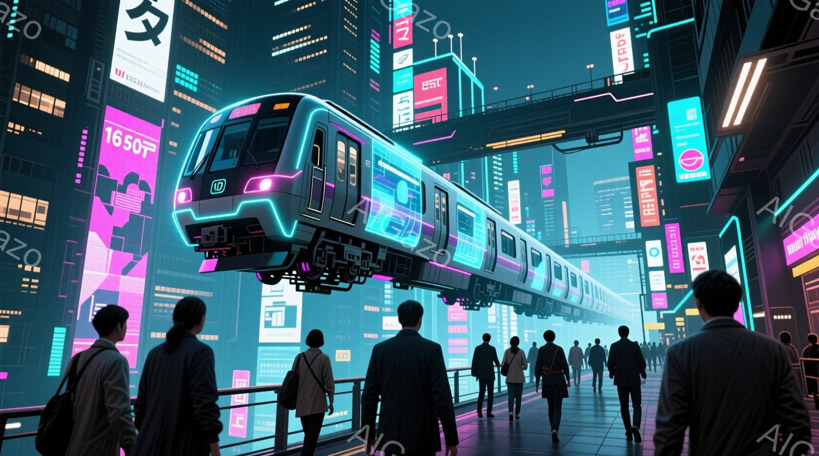 未来都市のプラットフォームに、人々が整然と並んでいます。黒いスーツ姿の人々は、後ろ姿しか見えませんが、皆同じような髪型で、どこか冷静な雰囲気を漂わせています。背景には、ネオンサインが輝く高層ビル群が立ち並び、空には浮遊する未来的な列車が走っており、全体的に冷たくて洗練された印象を与えます。