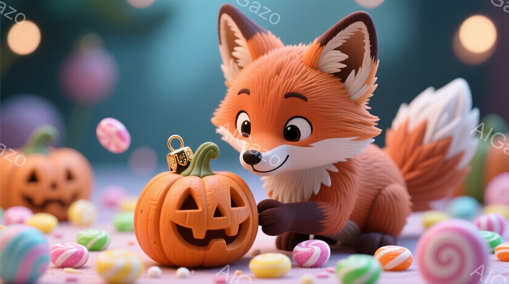 オレンジ色の愛らしい子ギツネが、ジャック・オー・ランタンの横にうずくまり、片足を伸ばしています。背景には、さまざまな色とりどりのキャンディーが散りばめられ、ぼんやりとしたハロウィーンの雰囲気を作り出し - AI生成フリー素材