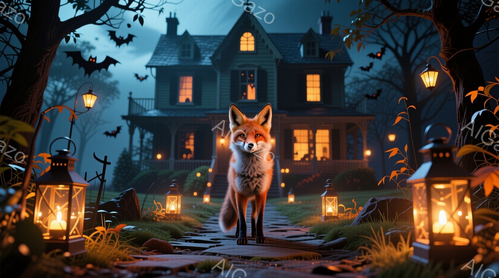 深い緑色の背景に、レンガの道に立つ美しい狐が描かれています。周囲には墓石やランタンが並び、遠くにはライトアップされた古い屋敷が見えます。全体的にハロウィーンのような、少し不気味で幻想的な雰囲気が漂っています。