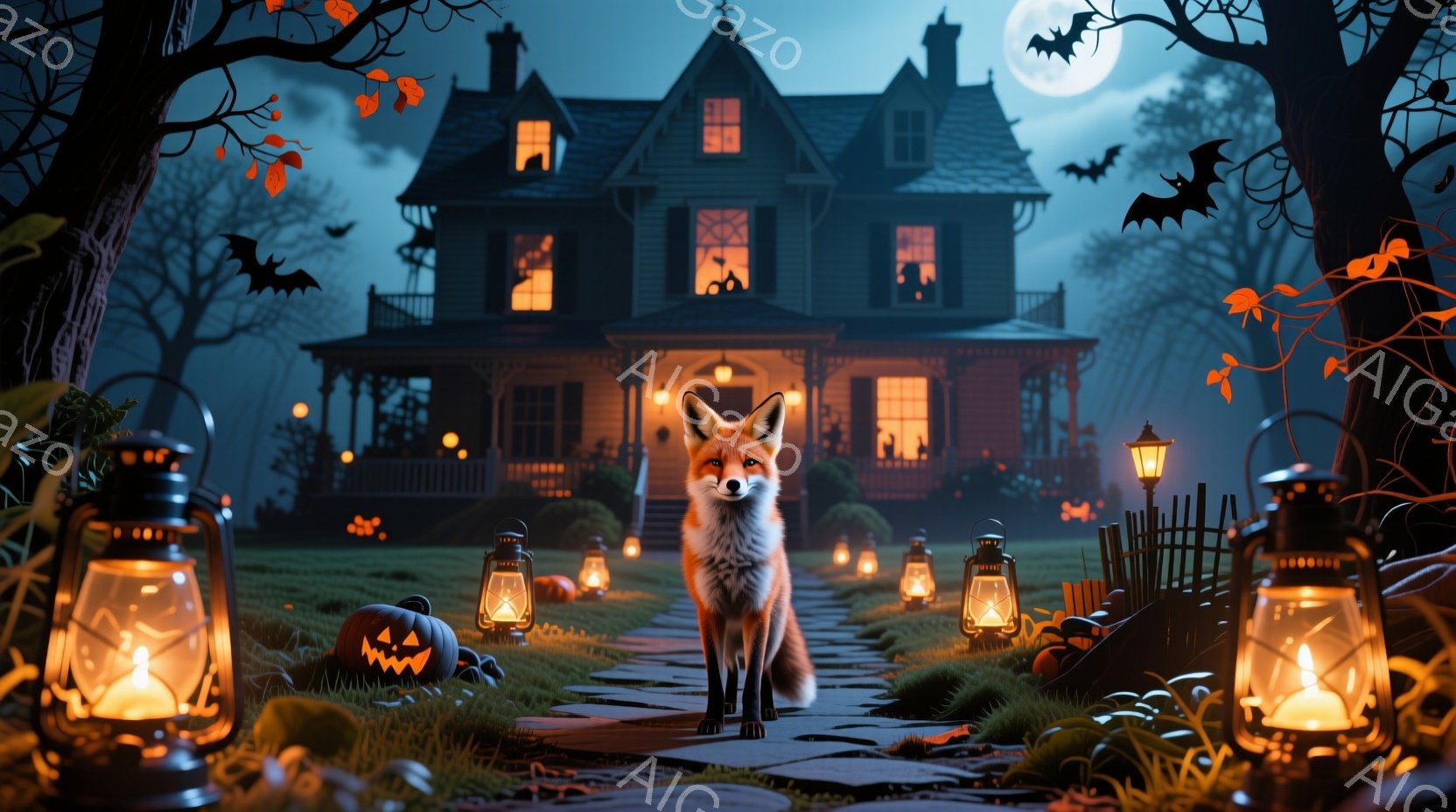 霧深い夜に、大きな古い屋敷がシルエットで浮かび上がり、オレンジ色の光が窓から漏れています。庭の小道にはカボチャのランタンが並び、キツネが正面を向いて静かに立っており、周囲にはフェンスと茂った草が生えて - AI生成フリー素材