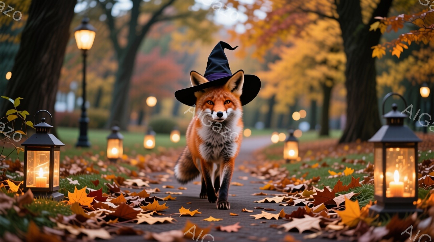 明るいオレンジ色の毛並みを持つキツネが、頭に黒い魔女帽子を被って遊歩道を歩いている。遊歩道は落ち葉で覆われ、両側には灯りがともったランタンが並び、背景には秋の木々が広がっている。全体的に幻想的で、ハロ - AI生成フリー素材