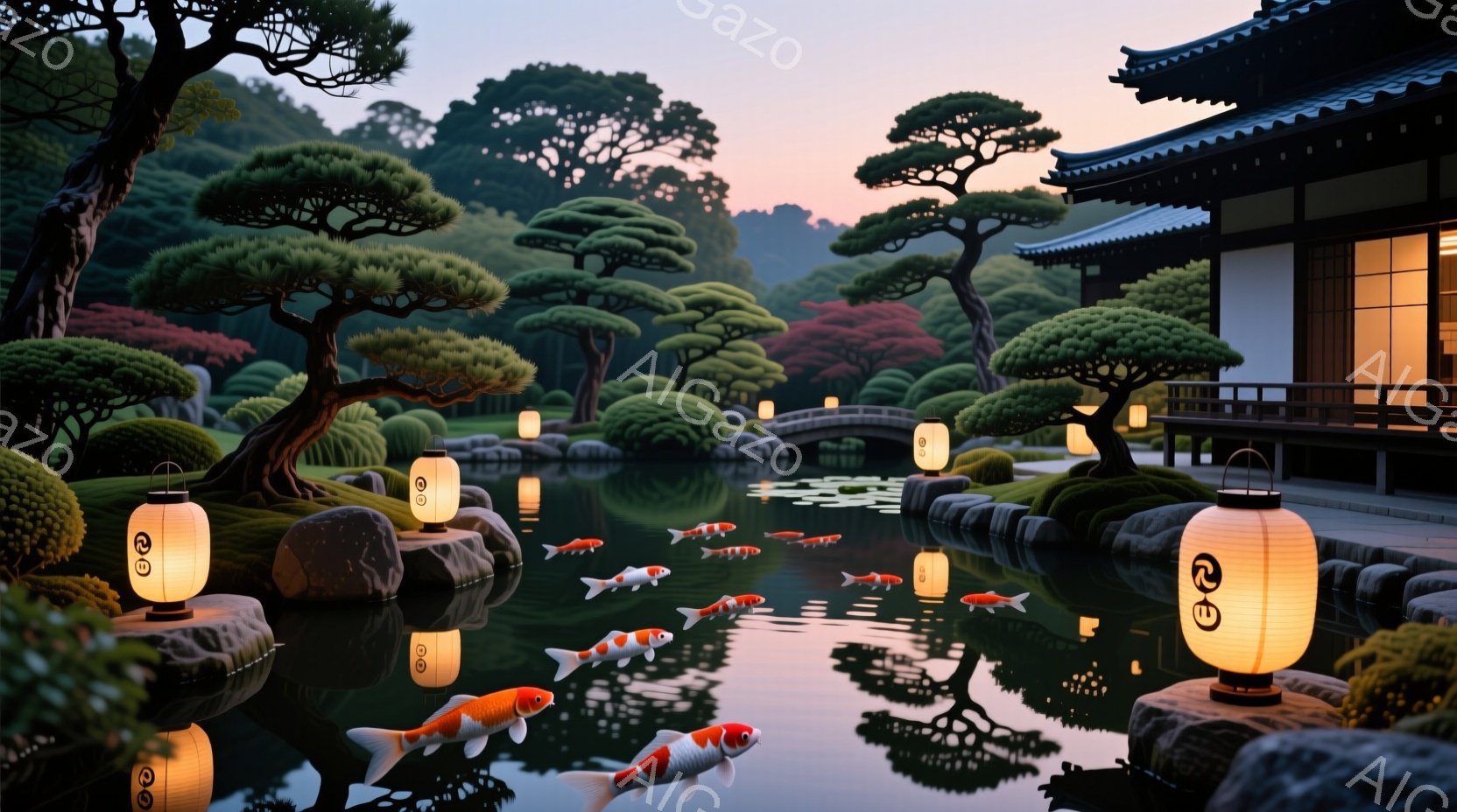 静かな池には、鮮やかな鯉が泳ぎ、水面にオレンジ色の光を反射している。周囲には手入れの行き届いた庭園が広がり、緑豊かな木々と石灯籠が配置され、日本の伝統的な建物が背景に見える。夕暮れ時の穏やかな光が、静 - AI生成フリー素材