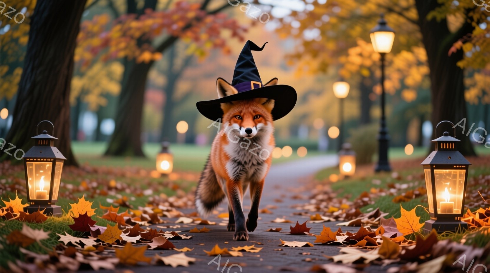 オレンジ色の毛並みのキツネが、黒い魔女帽子をかぶり、レンガ造りの道を歩いている。背景には、黄金色に色づいた木々と灯りがともったランタンが並び、秋の暖かい雰囲気を醸し出している。落ち葉が道に散らばり、キツネの歩く様子が、ハロウィンの季節を感じさせる。