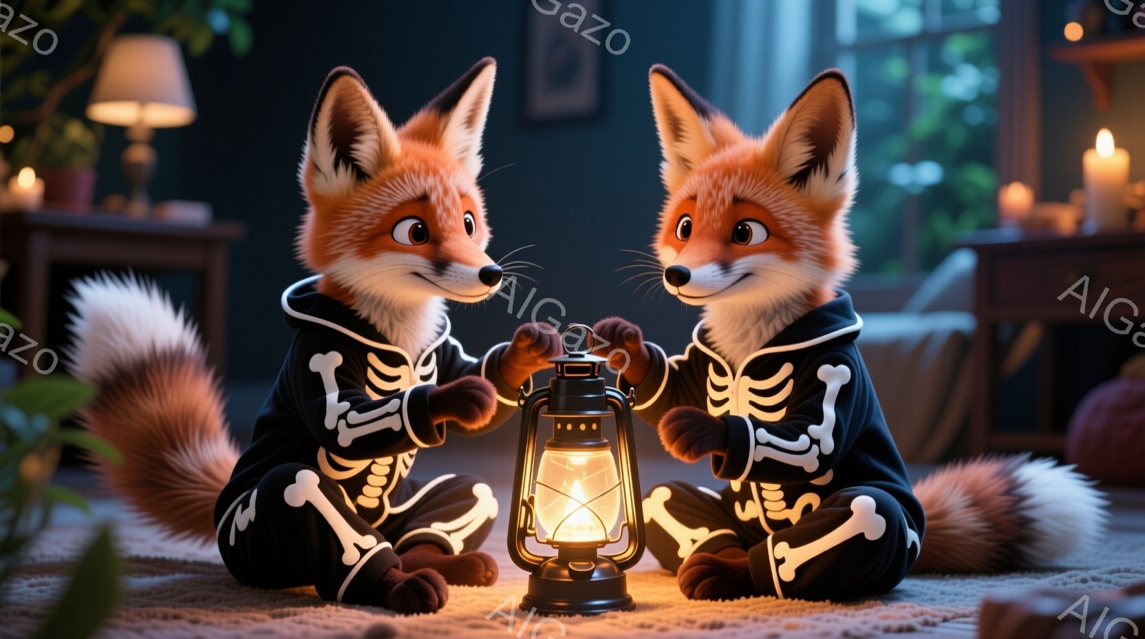 二匹のキツネがハロウィーン風の衣装を着て、床に座って提灯を見つめている。衣装は黒地に白骨の模様が描かれており、可愛らしい印象を与える。背景には、暖色の光を放つキャンドルや家具が見え、室内は落ち着いた温 - AI生成フリー素材