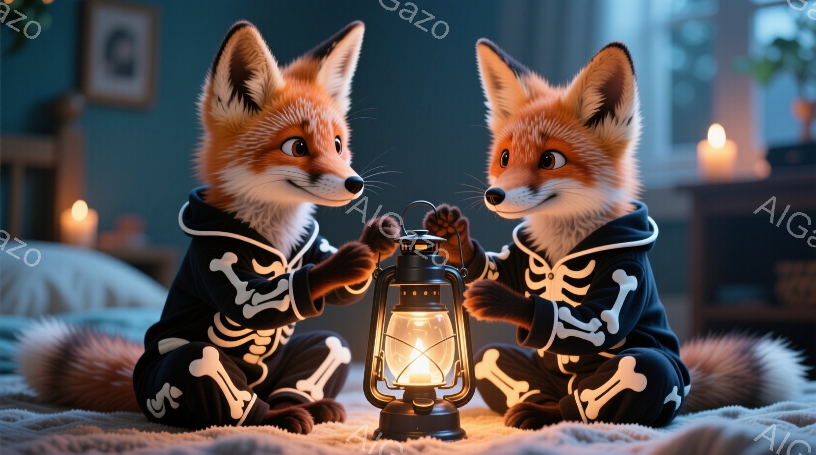 二匹のキツネが、ハロウィーンを連想させる骨の模様が入った黒いジャージを着て、膝を曲げて座っています。二匹は正面に置かれた灯油ランプを見つめ、ランプの光が彼らの顔を照らしています。背景は寝室の一部で、ぼんやりと家具が見え、ランプと周囲のろうそくが暖かく穏やかな雰囲気を作り出しています。