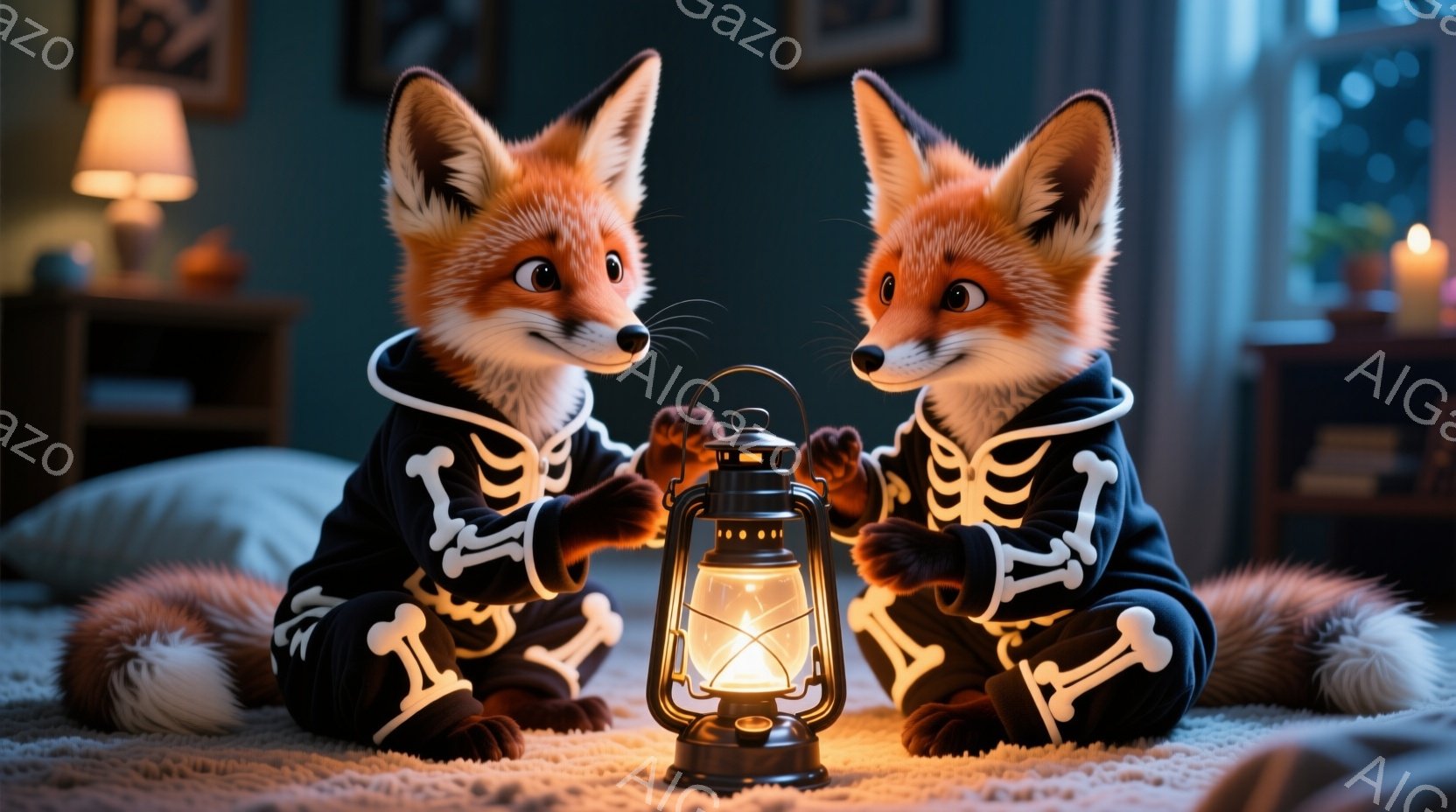 ハロウィーンをテーマにした服装の2匹のキツネが描かれています。彼らは骸骨柄のパーカーを着て、お互いに向かい合って座り、中央にある点灯したランタンを見つめています。背景には、本棚や装飾品のある暖かい室内 - AI生成フリー素材