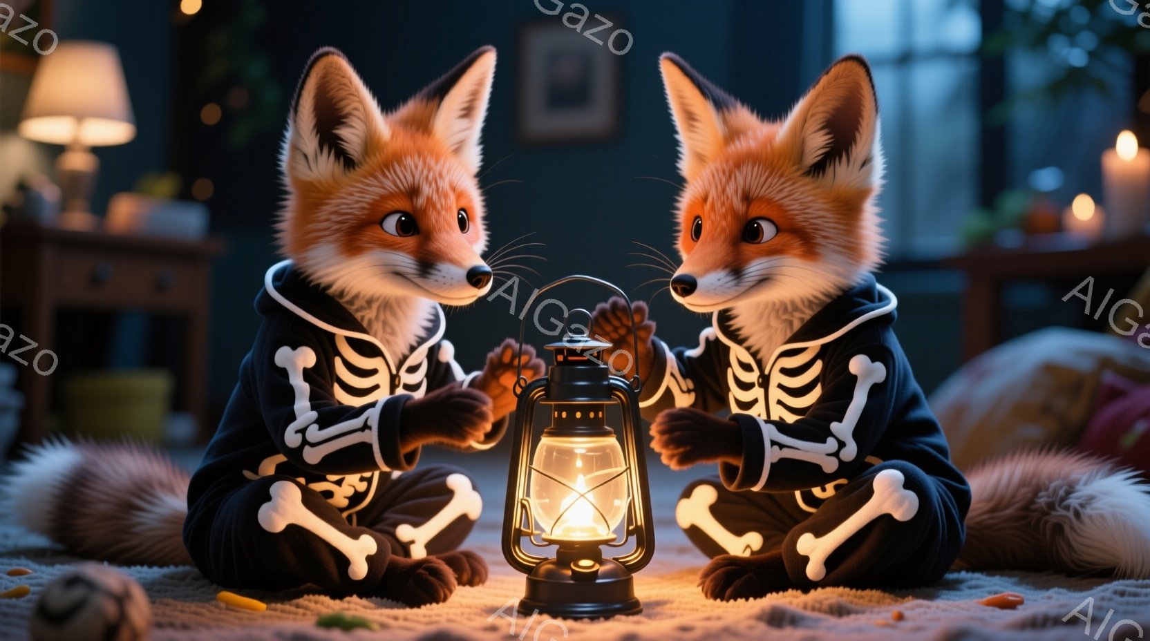 2匹のキツネが、骸骨柄のパーカーを着て、床に座って提灯を見つめている。提灯からは暖かく優しい光が放たれており、2匹の表情は穏やかでリラックスしているように見える。背景には、ぼやけた家具や壁が見え、ハロ - AI生成フリー素材