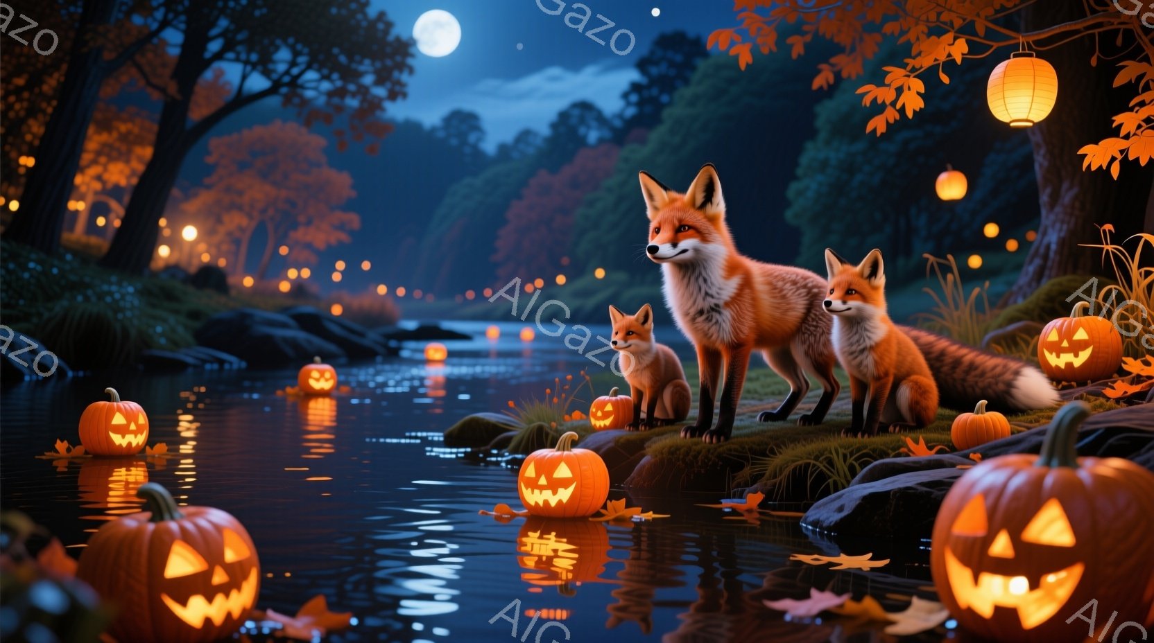 暗い森の小川に、光るハロウィーンのジャック・オー・ランタンが浮かび、その上にキツネの家族が立っている。一番大きなキツネは自信に満ちて前を見つめ、小さなキツネたちは周囲を警戒しているようだ。背景には、オ - AI生成フリー素材