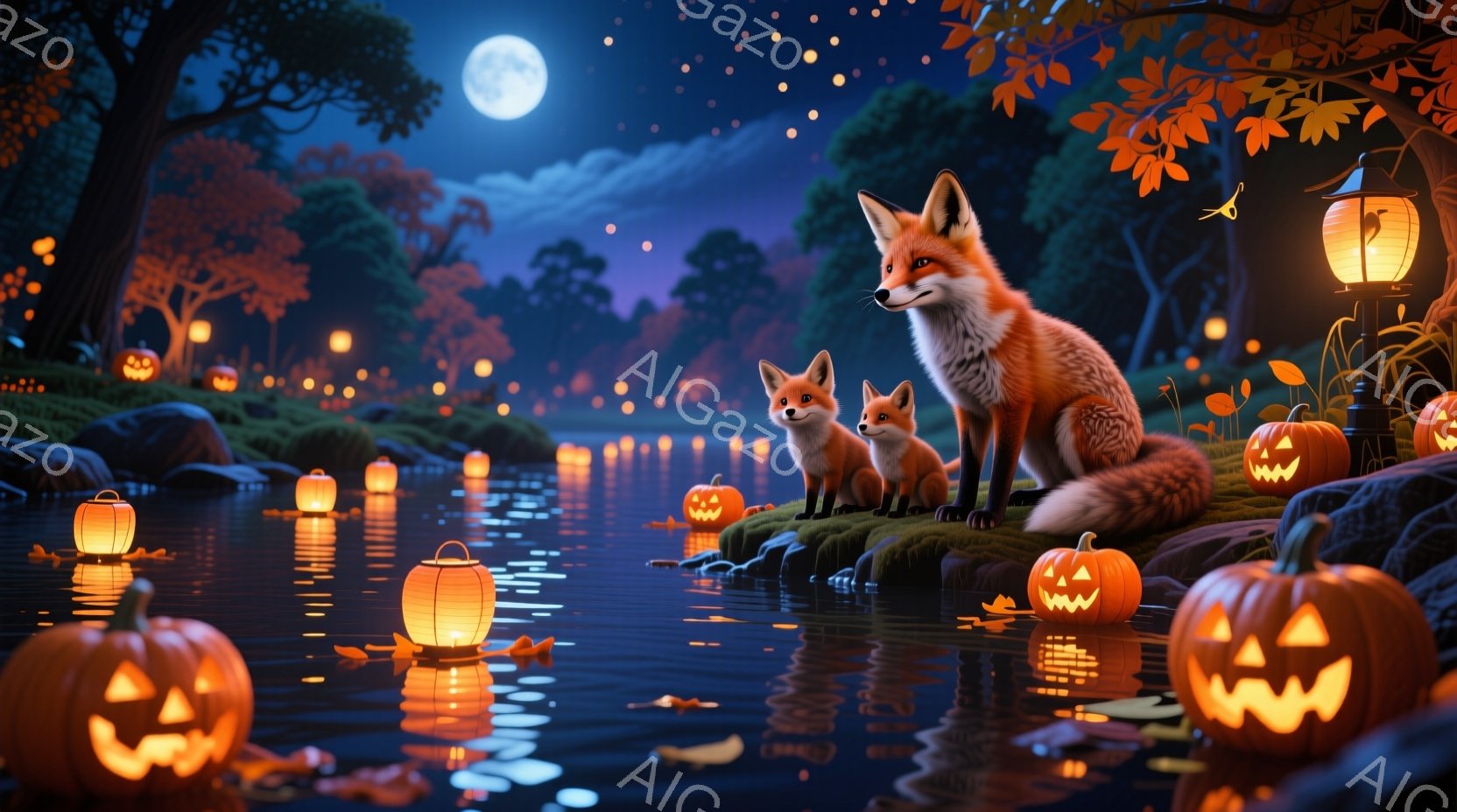 暗い夜の川辺に、親キツネと子キツネが佇んでいます。周囲にはたくさんのジャック・オー・ランタンが浮かび、水面に幻想的な光を反射させ、夜空には満月が輝いています。背景には秋の木々が生い茂り、ハロウィーンの - AI生成フリー素材