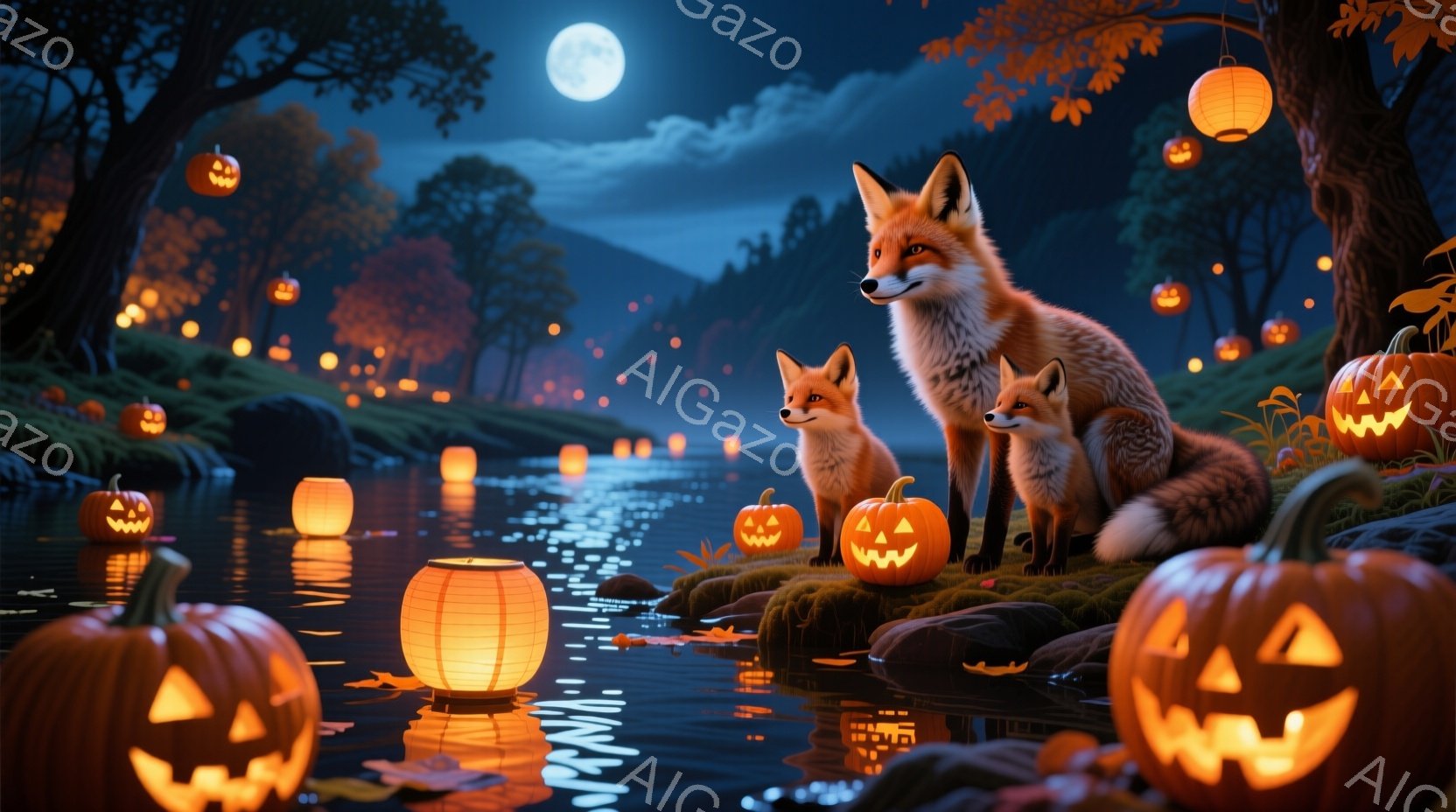 夜の川辺に、2匹のキツネがカボチャのランタンに囲まれて座っています。親キツネは高く立って遠くを見つめ、子キツネは親の横で同じ方向を見ています。背景には、暗い森、水面に反射する光、そして満月が輝く夜空が - AI生成フリー素材