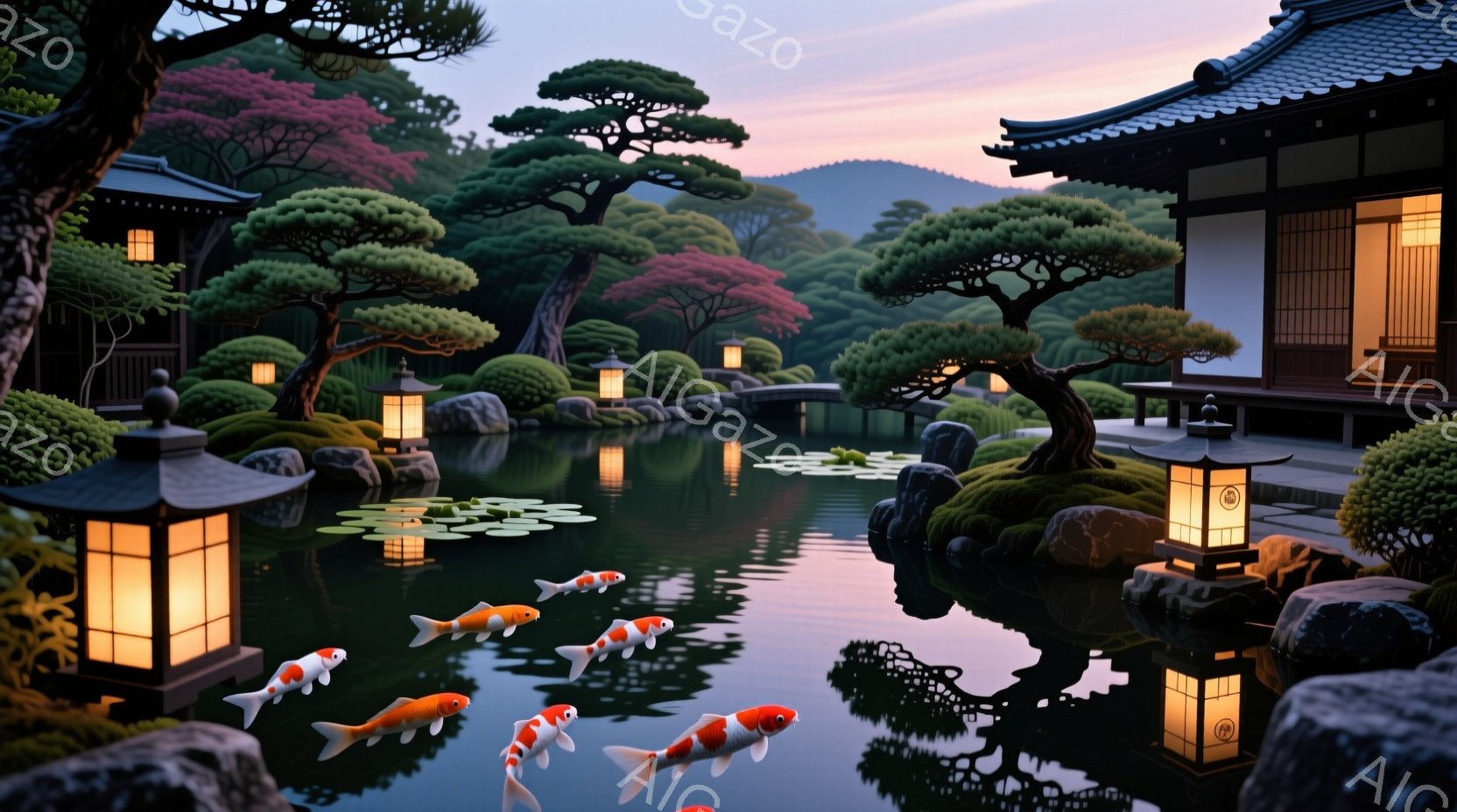 静かな庭園には、コイが泳ぎ、石灯籠が柔らかな光を放っている。背景には、伝統的な日本の家屋と、赤や黄色の葉が美しい木々が広がり、穏やかな夕暮れの雰囲気を醸し出している。水面は穏やかで、周囲の緑と光が美しく反射し、平和で落ち着いた空間を作り出している。