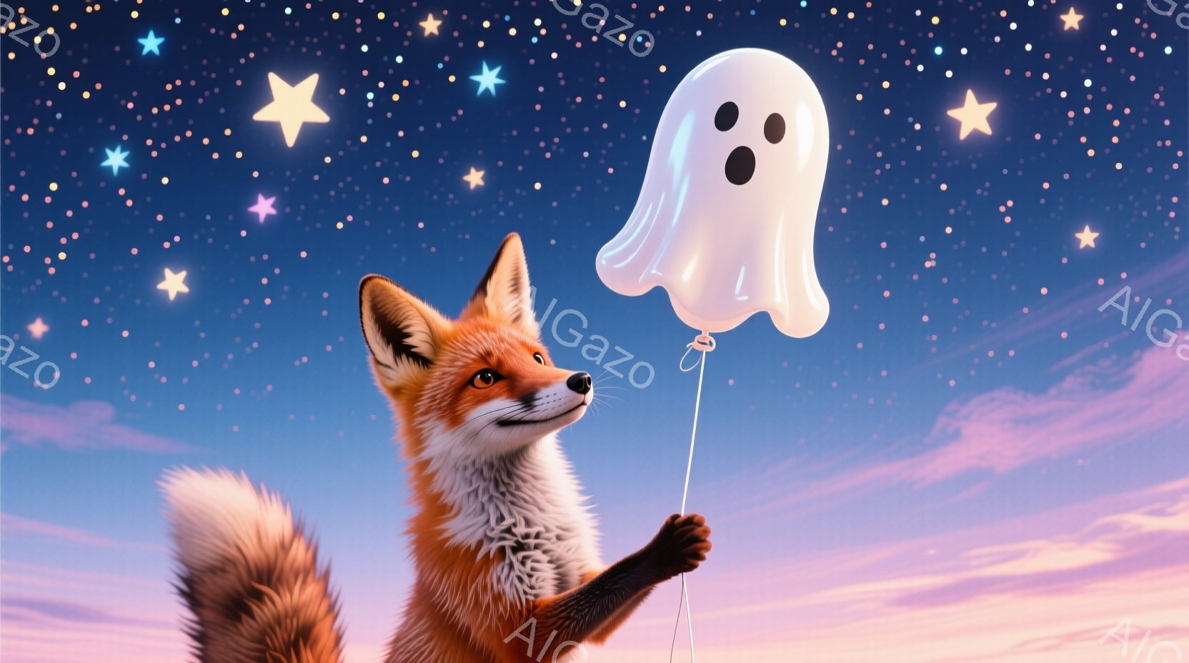 明るいオレンジ色のキツネが、白いお化けの形をした風船を片方の前足で持っている。背景は、ピンクと紫が混ざり合った美しい夕焼け空で、たくさんの星が輝いている。 キツネは少し上を見上げ、穏やかで優しい表情を - AI生成フリー素材