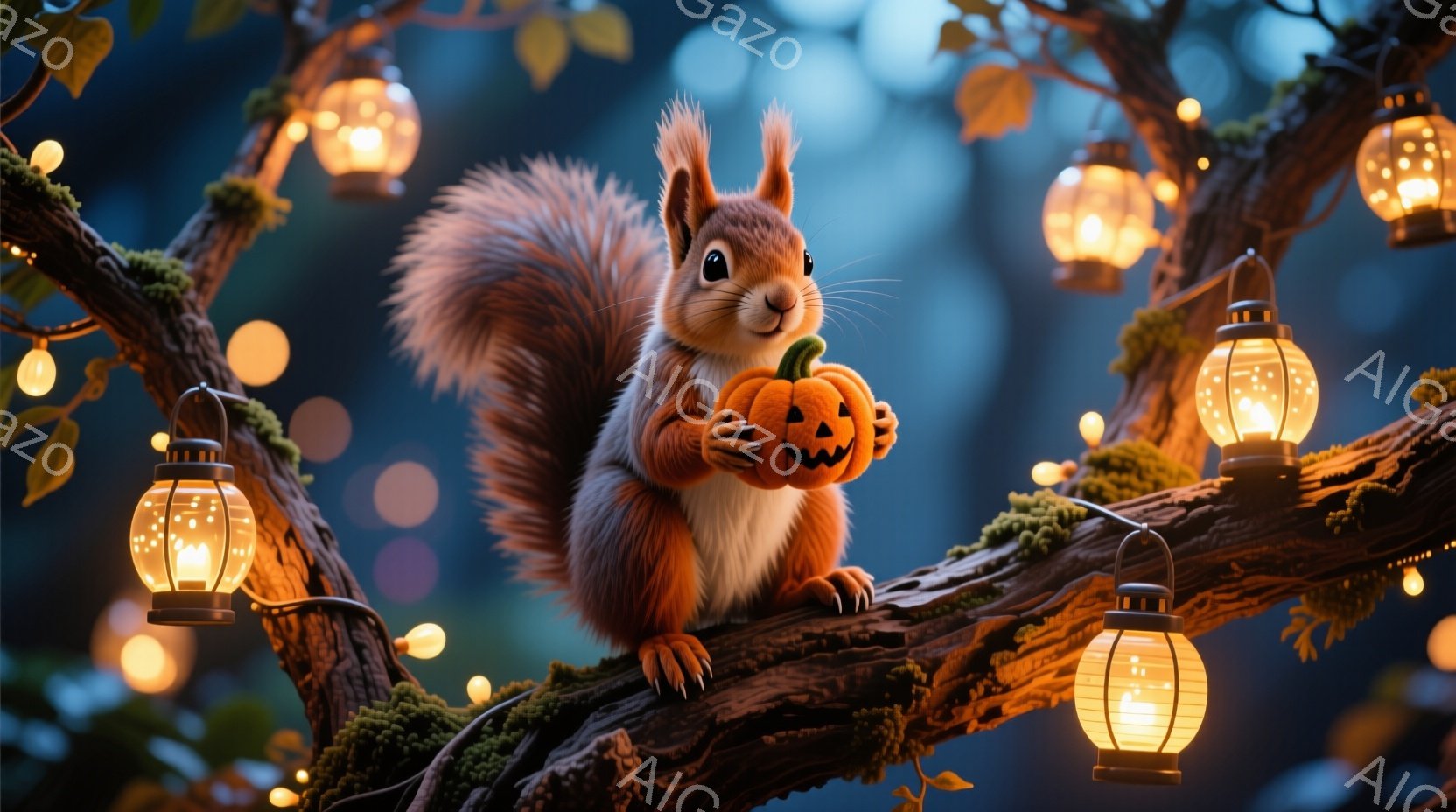 明るいオレンジ色のリスが、彫刻が施された小さなカボチャを抱えています。苔むした木の枝に座り、満足げで可愛らしい表情をしています。背景にはぼやけた光が散りばめられ、ハロウィーンのような幻想的な雰囲気を醸し出しています。