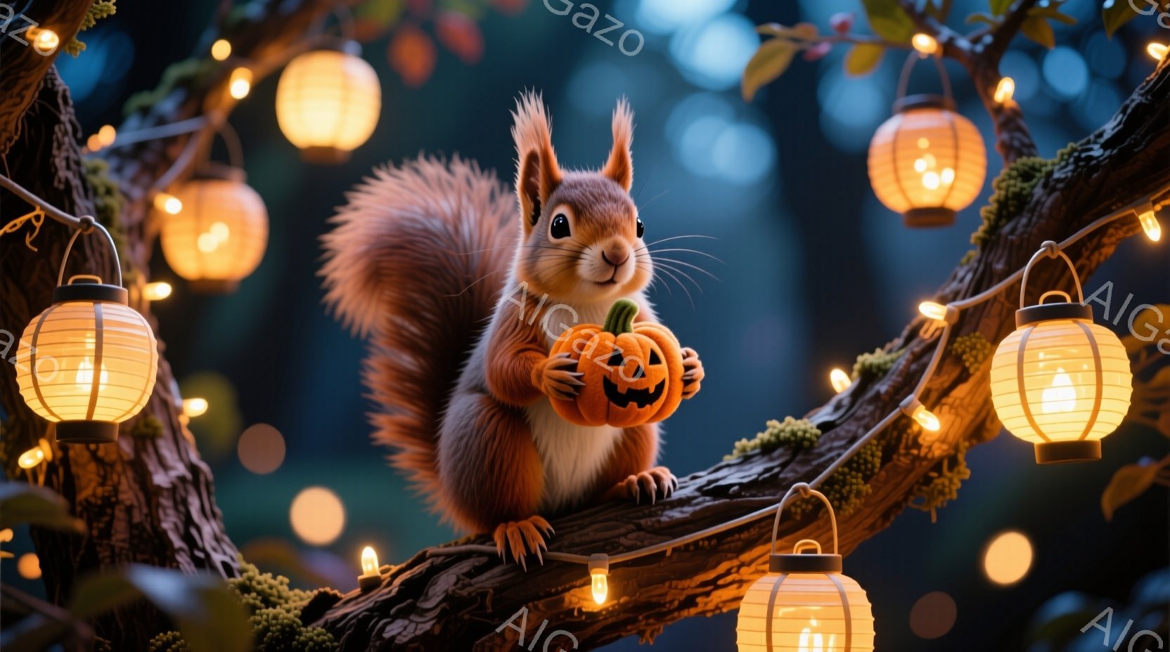 このイメージには、夜空を照らす白い幕の下で、赤いランタンが周囲を照らします。中心には、茶色のスキンニー、薄手の髭と大きな目を持つハムスターが座っています。彼は、左手でお菓子を拿っており、右手で幕を突い - AI生成フリー素材