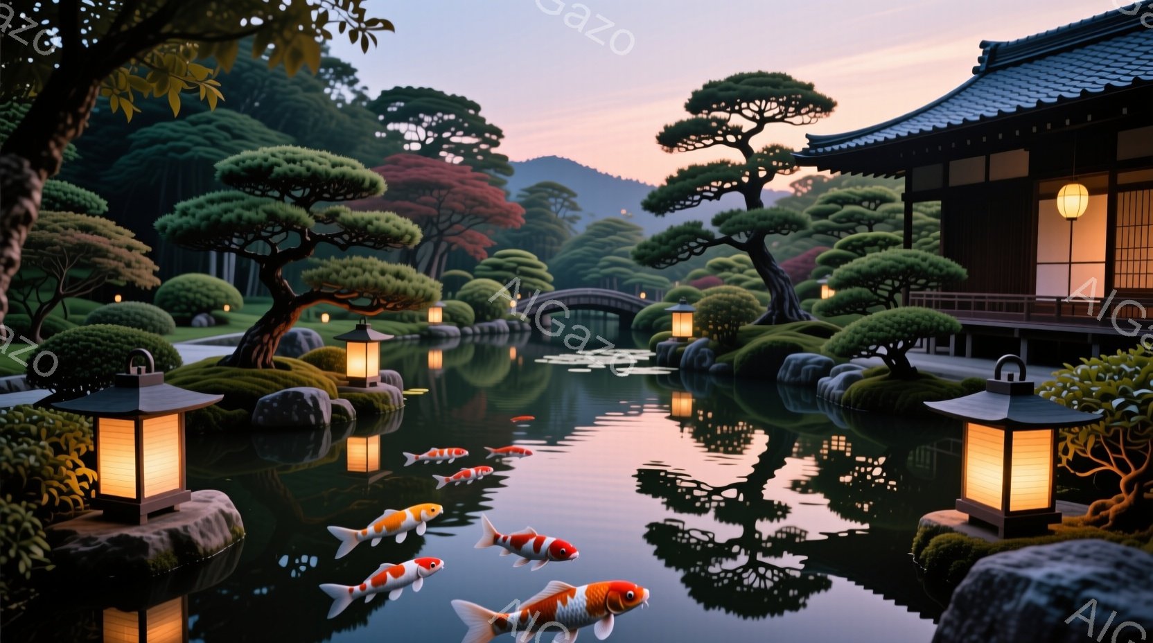 静かな庭園には、鮮やかな鯉が水面を泳ぎ、その姿が穏やかな水面に映り込んでいる。古風な建物が背景にそびえ立ち、石灯籠が庭を照らし、夕暮れ時の空が穏やかな雰囲気を醸し出している。緑豊かな木々と水面が作り出 - AI生成フリー素材