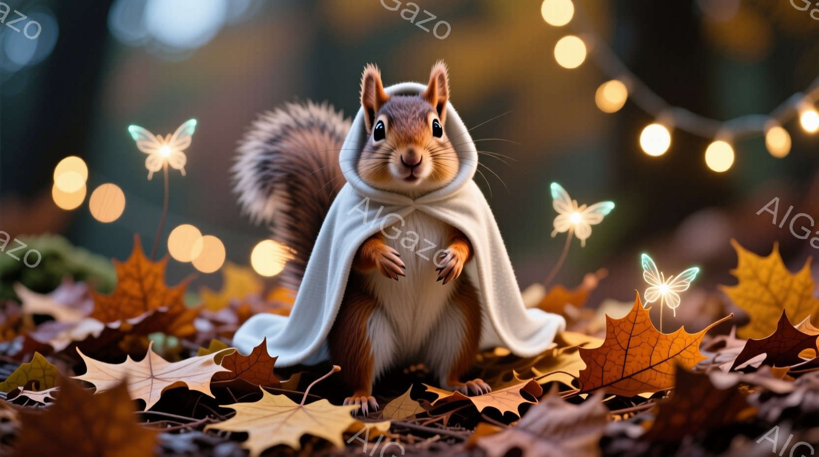 リスが落ち葉の上に座り、白いマントを羽織っています。その表情は穏やかで、前足はちょこんと揃えられています。背景には、ぼやけた光の粒子と光る蝶が浮かび、秋の暖かく幻想的な雰囲気を醸し出しています。 - AI生成フリー素材