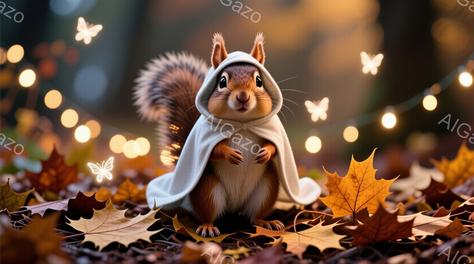秋の落ち葉の上に座るリスが描かれています。リスは白いマントのようなものを身に着け、穏やかな表情で正面を見ています。背景にはぼやけた光の粒子と、赤や黄色の落ち葉が広がり、暖かく幻想的な雰囲気を醸し出して - AI生成フリー素材
