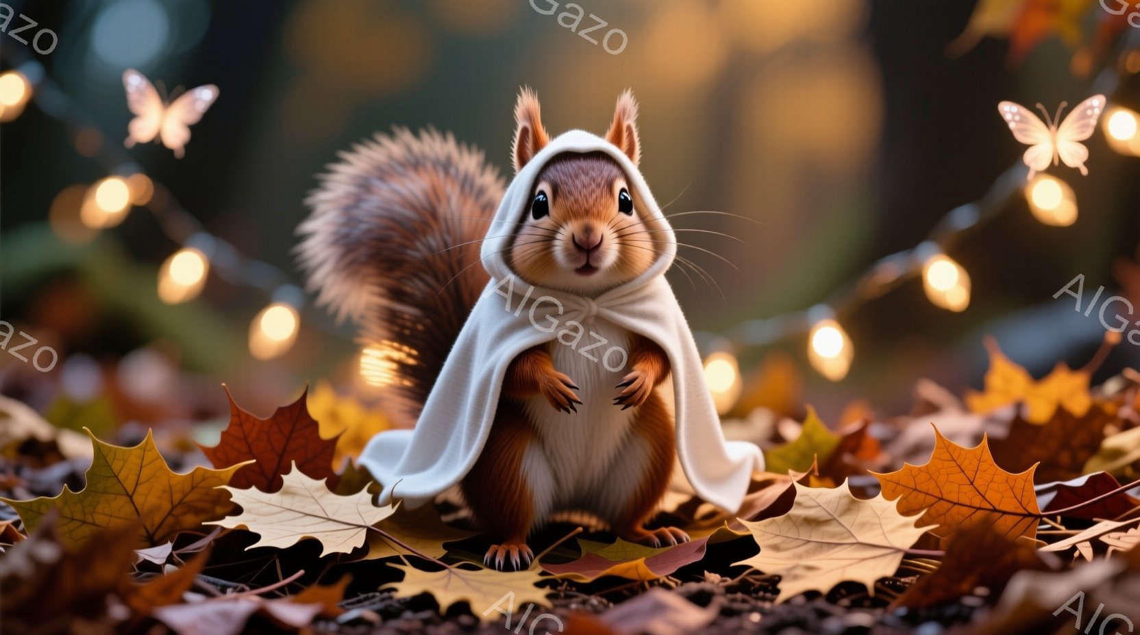 赤褐色のリスが落ち葉の上に座り、白いマントを羽織っています。リスは正面を見つめ、少し微笑んでいるように見え、とても愛らしい表情をしています。背景には、秋の紅葉とぼんやりとした光のストリングがあり、暖か - AI生成フリー素材