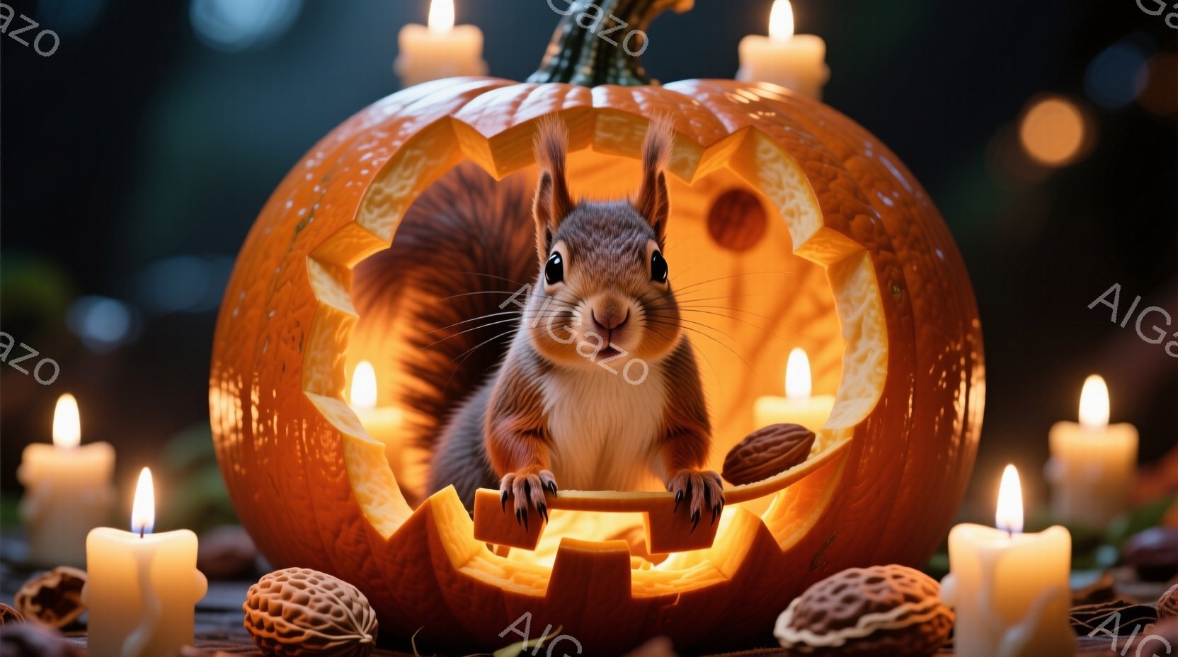 ハロウィーンのくり抜かれたカボチャの中に、可愛らしいリスが前足で縁に寄りかかって座っています。周囲には光るキャンドルとクルミが散らばっており、暖かく幻想的な雰囲気を醸し出しています。リスは少し驚いたような、好奇心に満ちた表情で、こちらを見つめています。