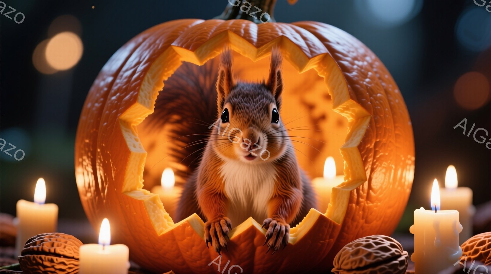 鮮やかなオレンジ色のカボチャの中から、可愛らしいリスが顔を出している様子が描かれています。リスは前足をカボチャの縁にかけ、好奇心に満ちた表情でこちらを見つめており、周囲にはロウソクとクルミが散らばって - AI生成フリー素材