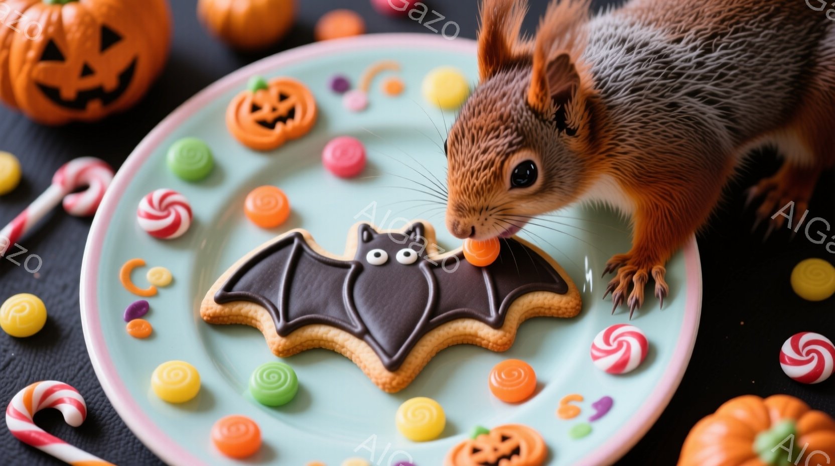 一匹のリスが、ハロウィーンをテーマにしたクッキーとキャンディーが並んだお皿に鼻を近づけています。背景には、さまざまな大きさのジャック・オ・ランタンが散りばめられ、秋のハロウィーンの雰囲気を演出していま - AI生成フリー素材