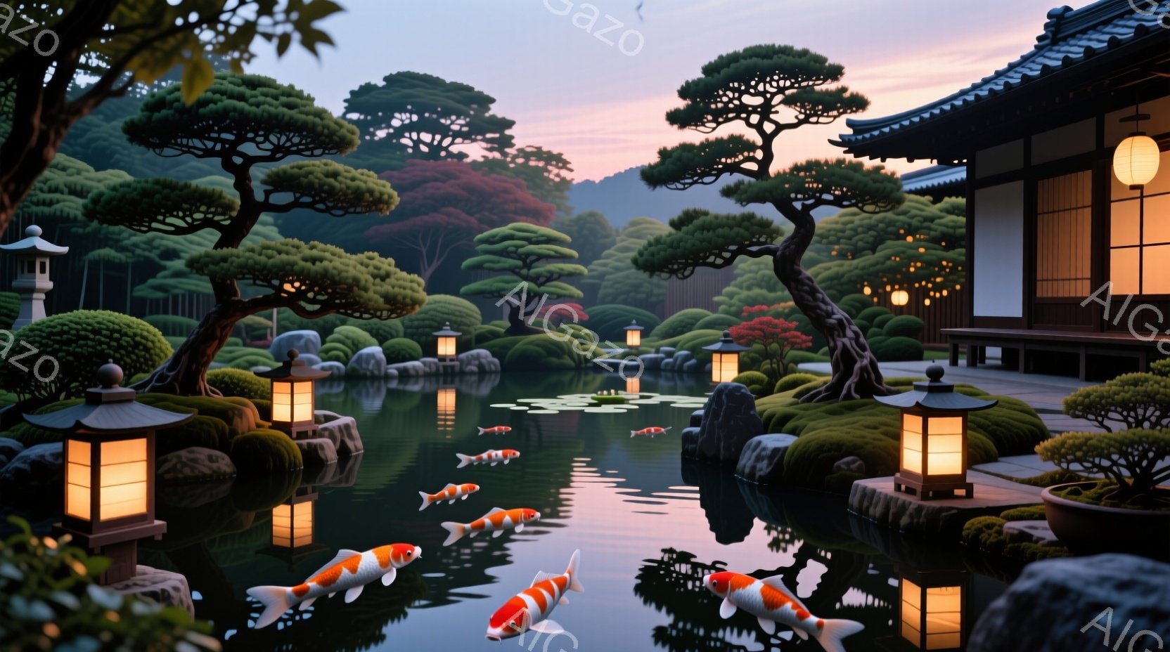 静かな池には鮮やかな鯉が泳ぎ、周囲には手入れの行き届いた緑と岩が配置されている。池のそばには提灯が灯り、伝統的な様式の建物が背景に見え、夕焼け空が美しい光景を作り出している。全体的に穏やかで平和な雰囲 - AI生成フリー素材