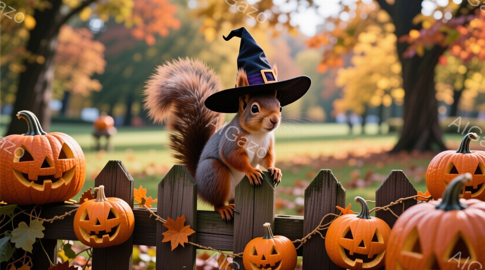 リスが小さな柵の上に立ち、ハロウィーンの帽子を被っています。背景には、ジャック・オー・ランタンが飾られた柵と、紅葉した木々が見え、秋の暖かく楽しい雰囲気を醸し出しています。リスは前足を伸ばし、可愛らし - AI生成フリー素材