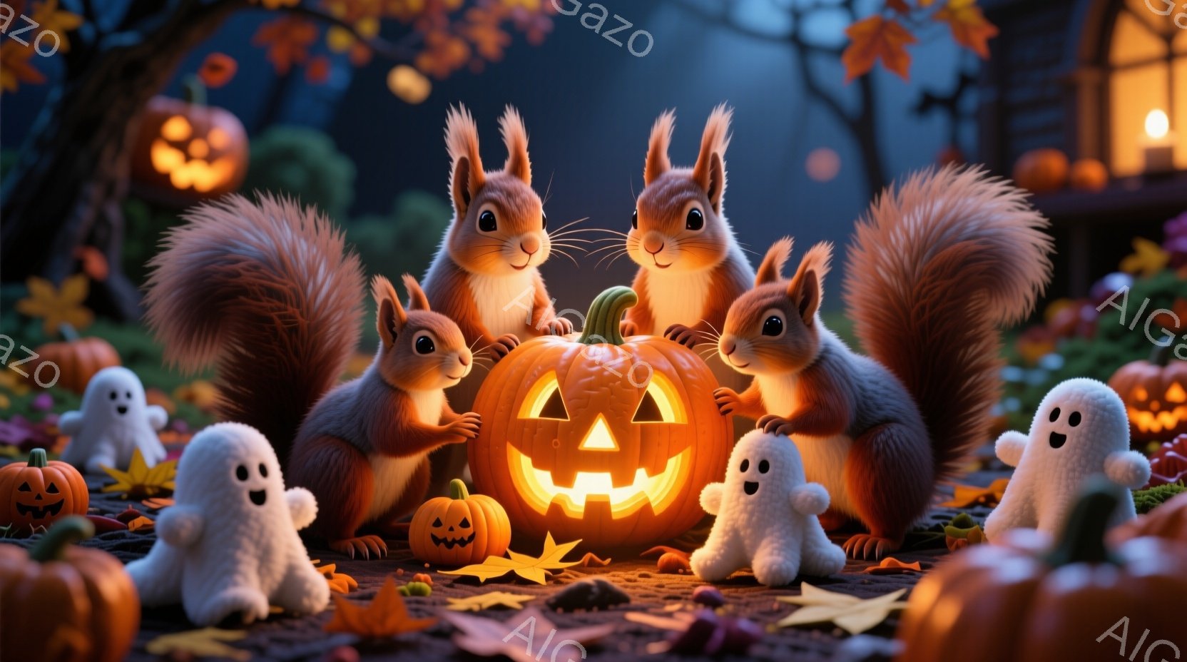 温かい光を放つジャック・オ・ランタンを中心に、四匹のリスが寄り添っています。リスたちは毛並みが美しく、好奇心と楽しみに満ちた表情で、ハロウィーンの夜を楽しんでいるようです。背景には、オレンジ色の葉が散 - AI生成フリー素材