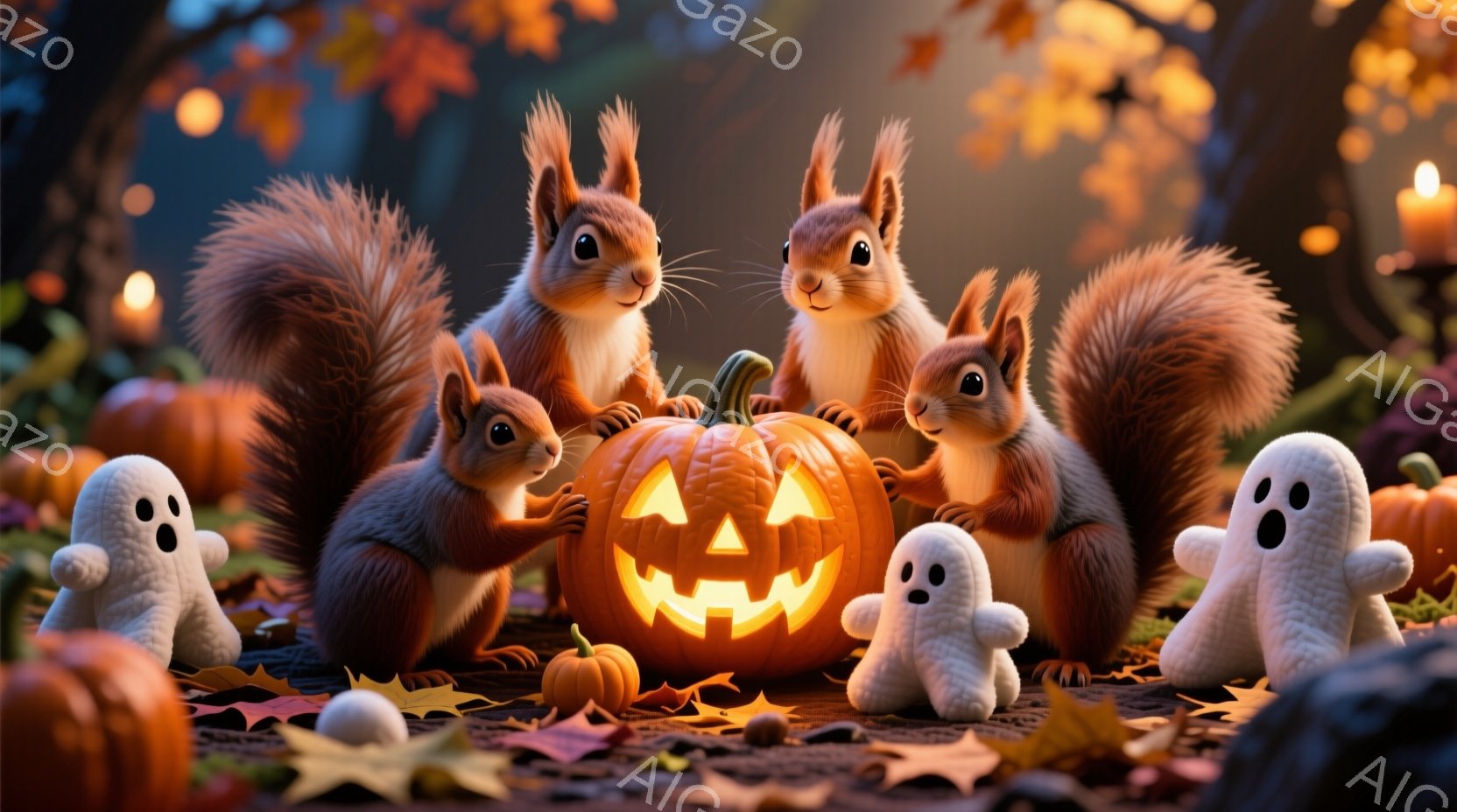 ハロウィーンをテーマにした可愛らしいリスたちの画像です。リスたちは、ジャック・オ・ランタンの周りに集まり、楽しそうにポーズをとっています。背景には、カボチャや落ち葉が散りばめられ、温かく幻想的な雰囲気 - AI生成フリー素材