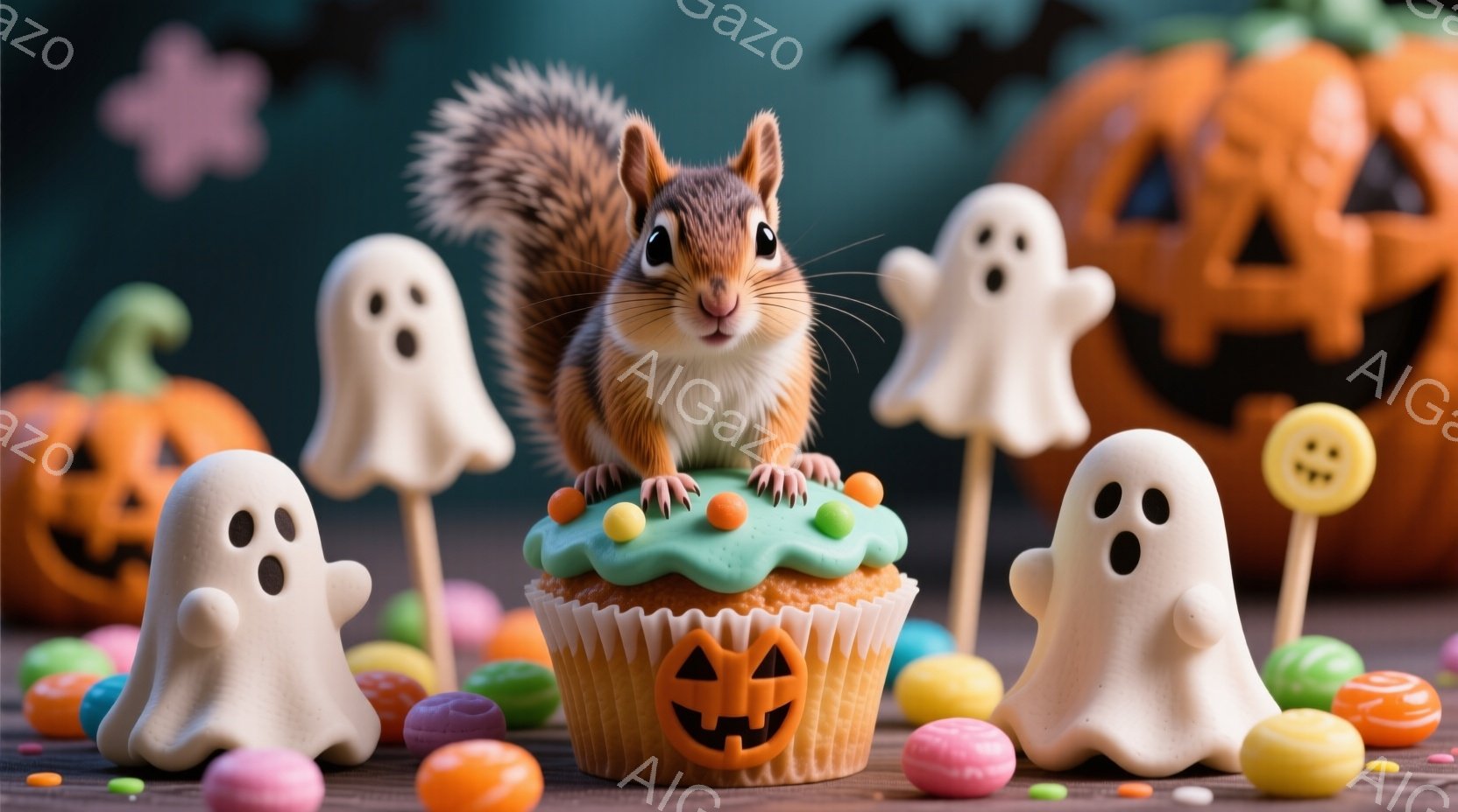 可愛らしいリスが、ハロウィン風のカップケーキの上にちょこんと座っています。カップケーキは青緑色で、オレンジ色のジャック・オー・ランタンの顔が描かれており、周りにはお化けの形をしたマシュマロやカラフルな - AI生成フリー素材