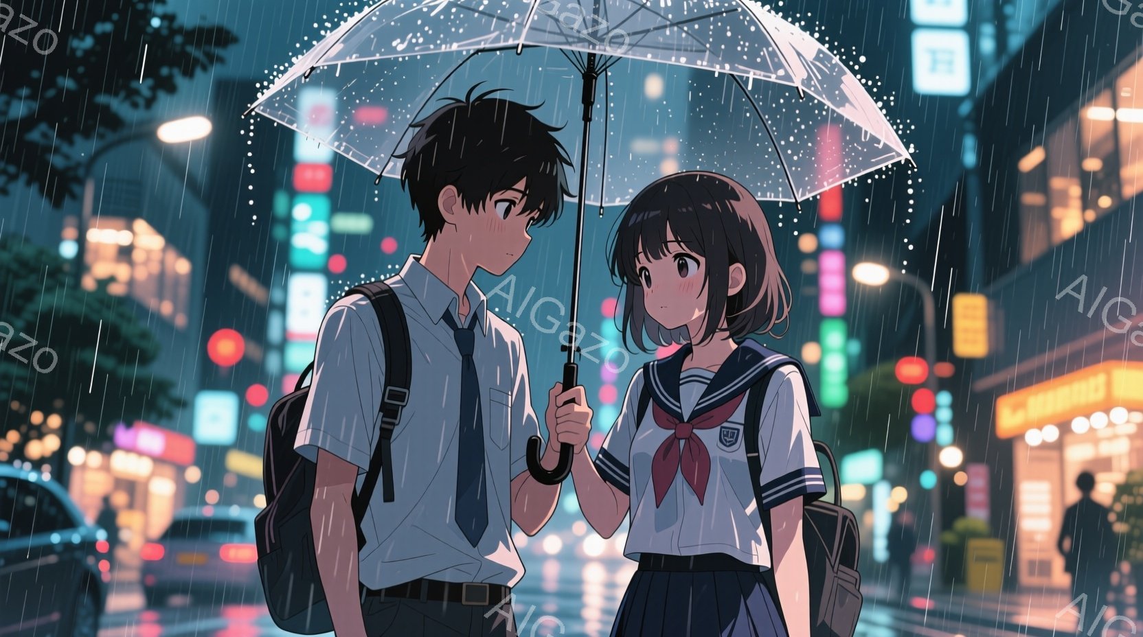 雨の夜、制服を着た男女が寄り添って立っている。男の子は黒髪で、白いシャツにネクタイ、リュックサックを背負っている。女の子は茶色のショートヘアで、セーラー服を着ており、少し照れたような表情をしている。