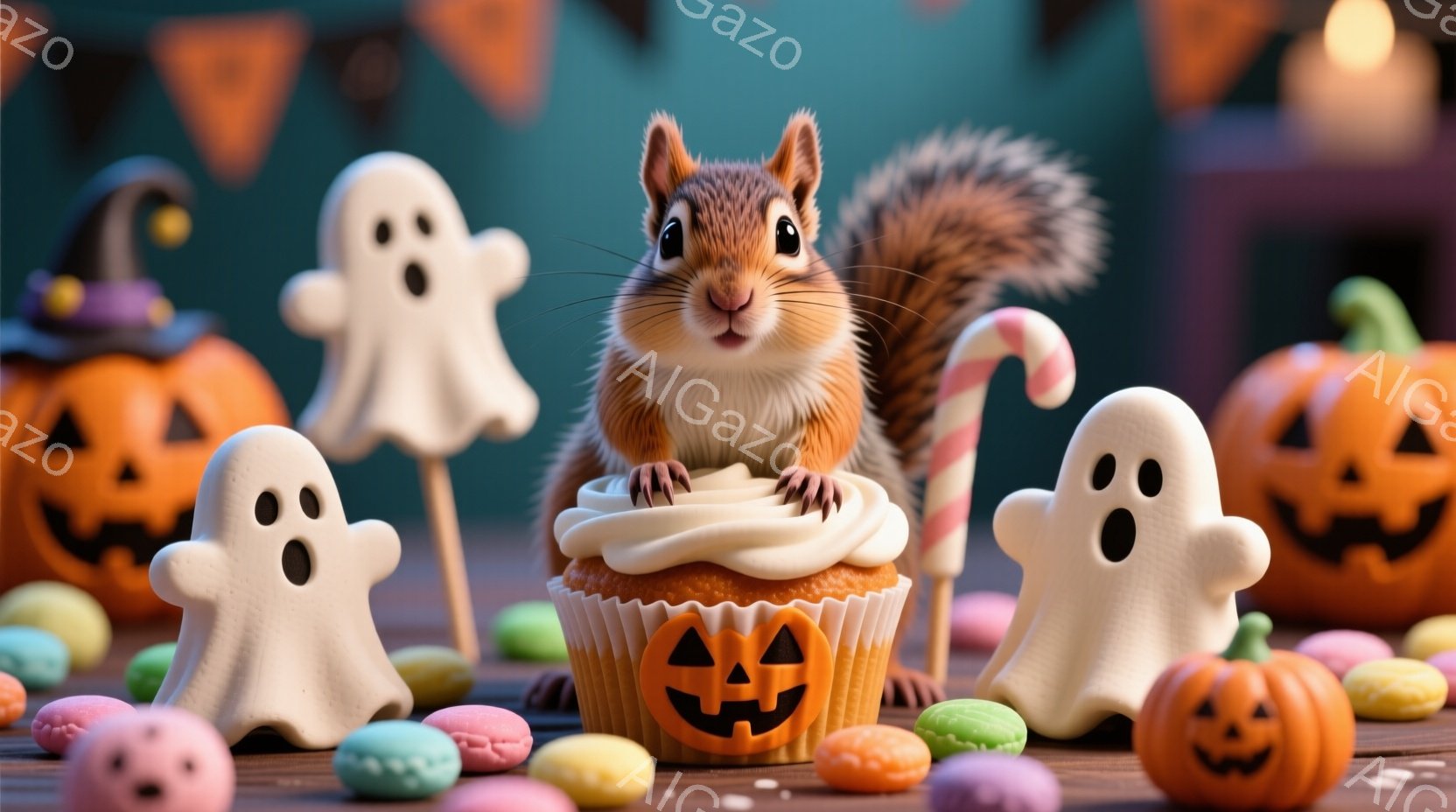 リスがハロウィーンのカップケーキを抱えています。周りにはお化けのクッキーや小さなパンプキン、カラフルなマカロンが散りばめられており、背景にはハロウィーンの旗や背景がぼやけて見えます。全体的に明るく、可 - AI生成フリー素材