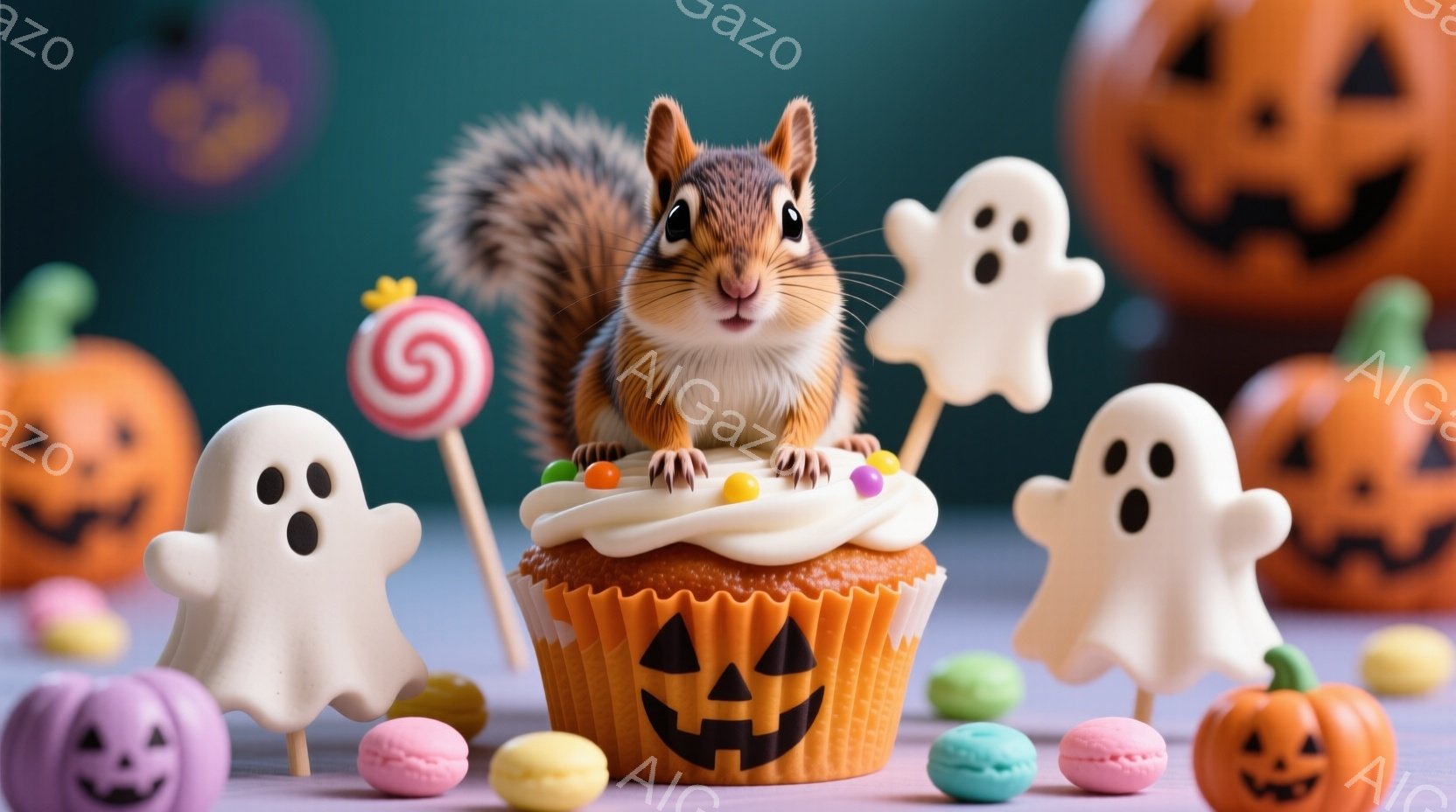 ハロウィーンをテーマにした可愛らしい写真です。リスがオレンジ色のカップケーキの上に座っており、カップケーキにはジャック・オ・ランタンの顔が描かれています。周りにはマカロンやキャンディ、そして幽霊の形を - AI生成フリー素材